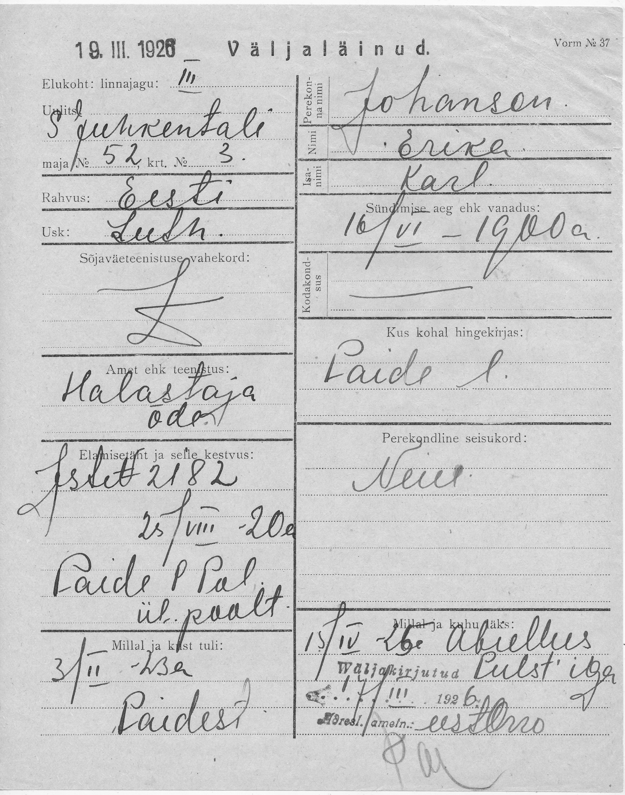 Johanson, Erika, Karl