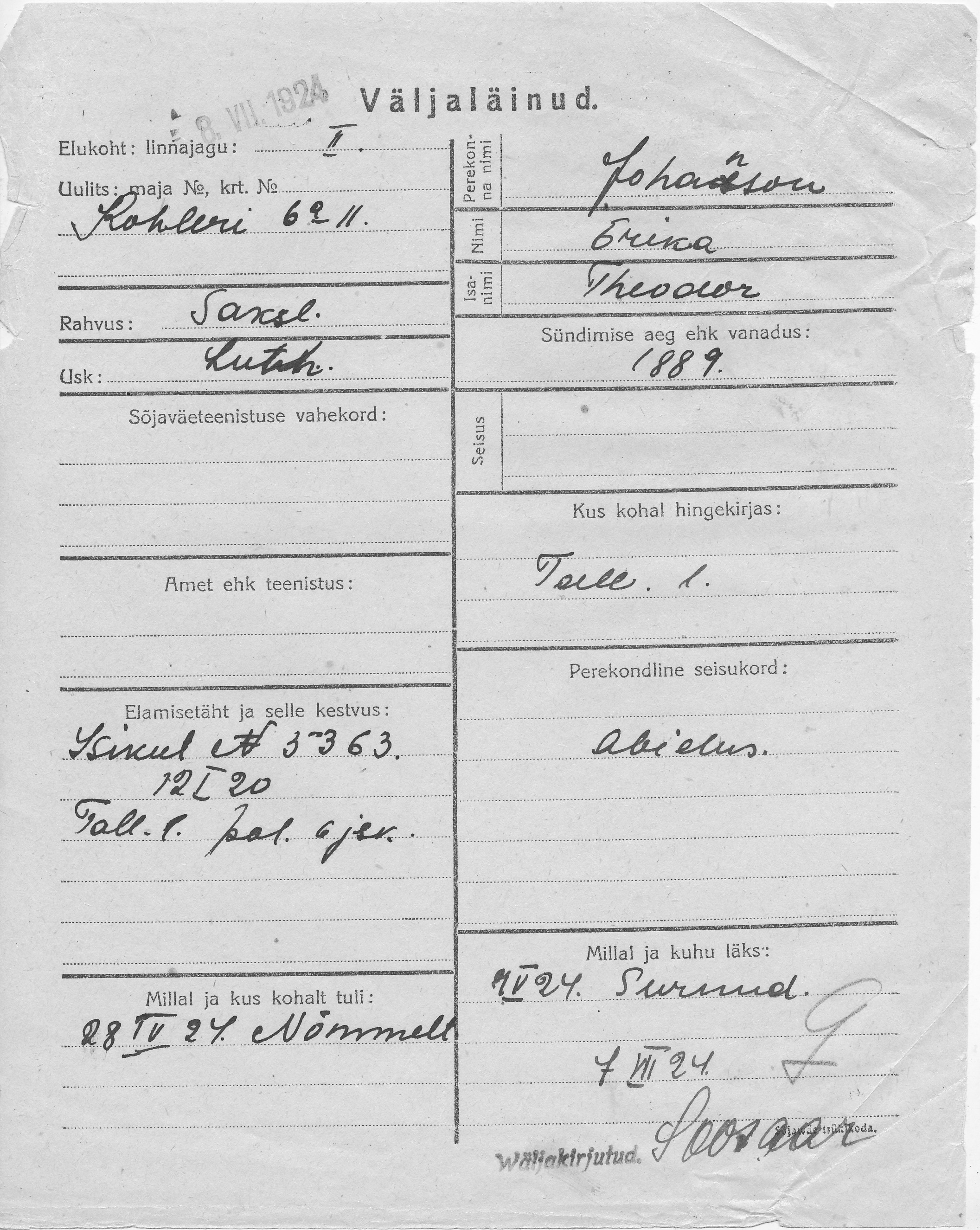 Johanson, Erika, Theodor