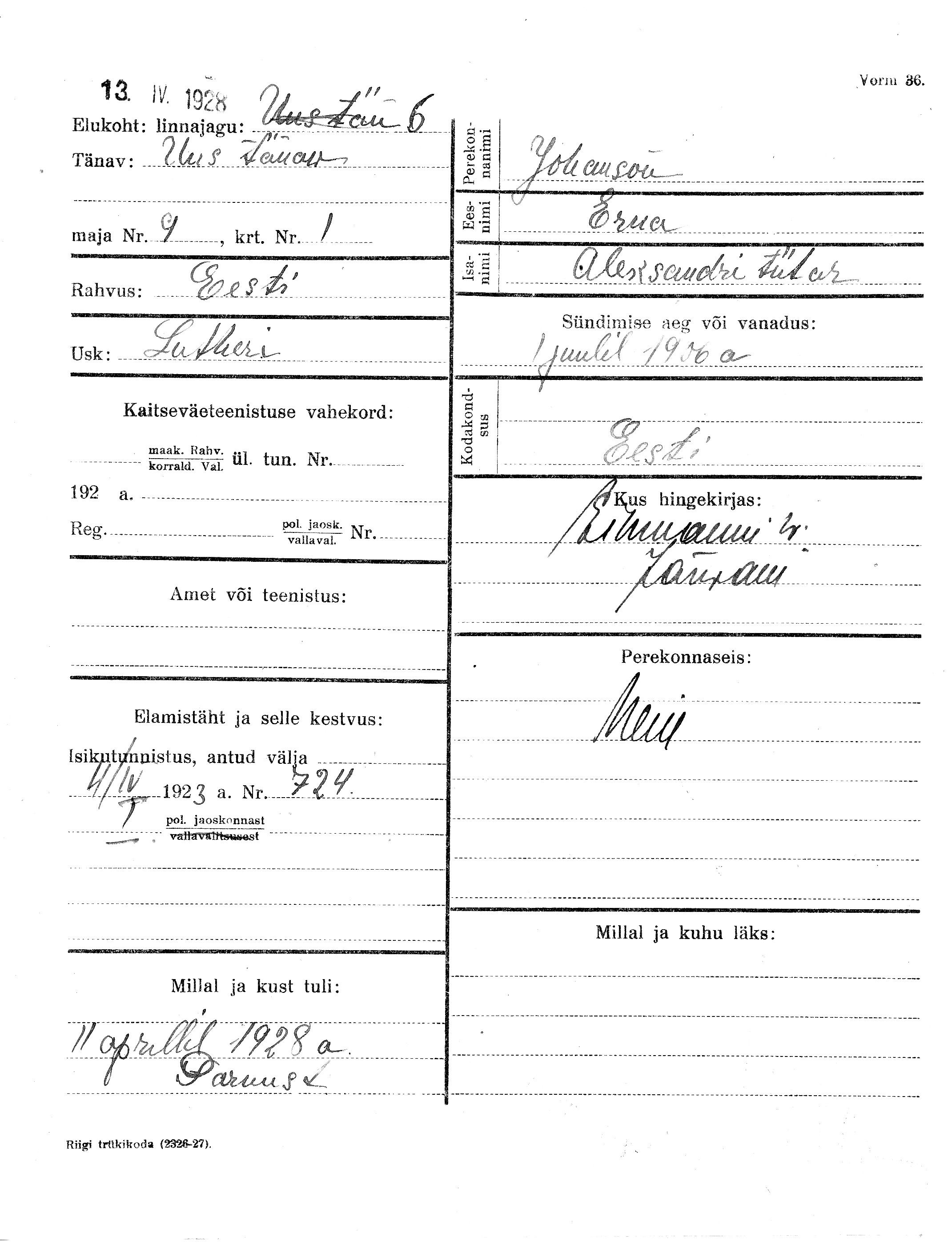 Johanson, Erna, Aleksander