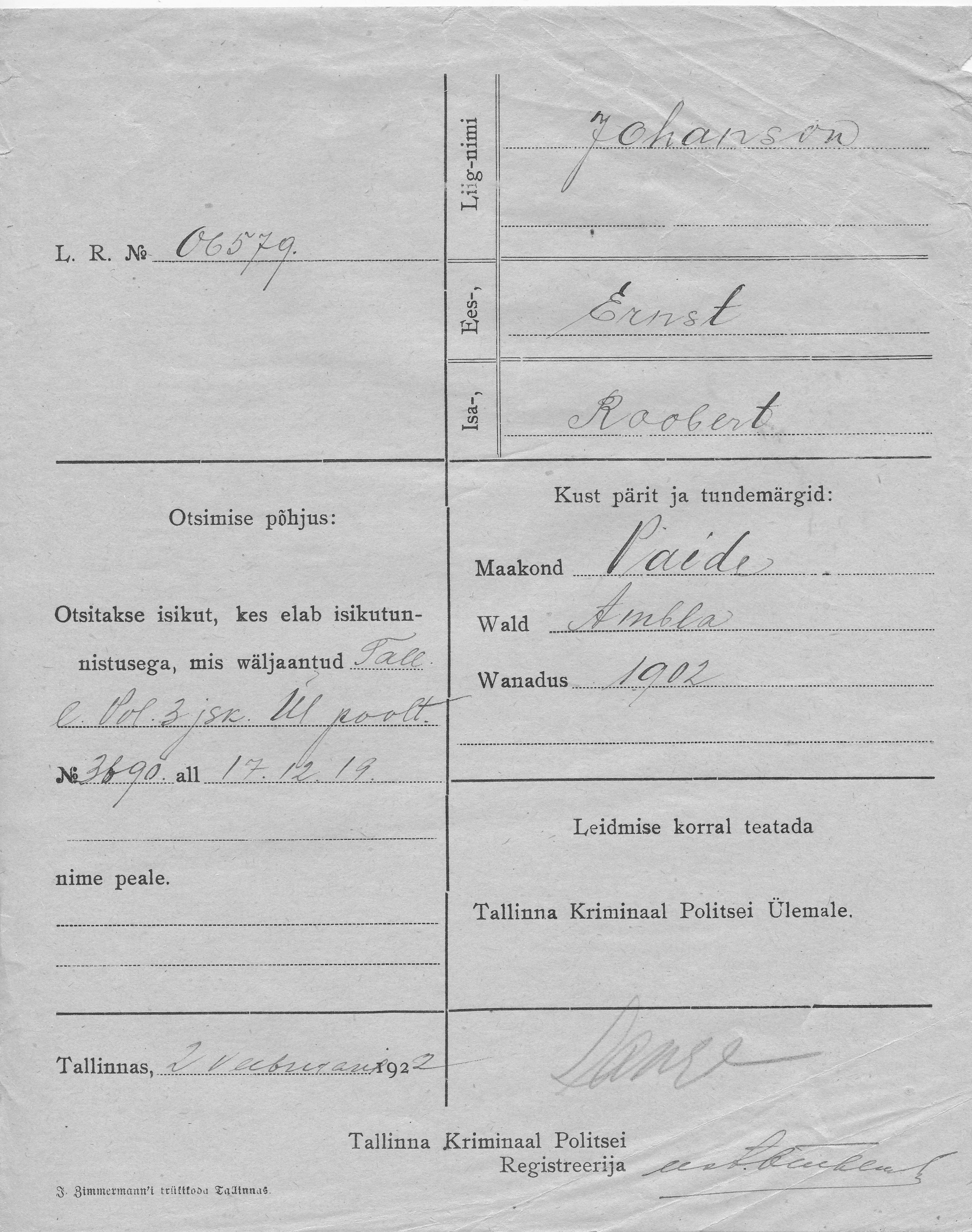 Johanson, Ernst, Roobert