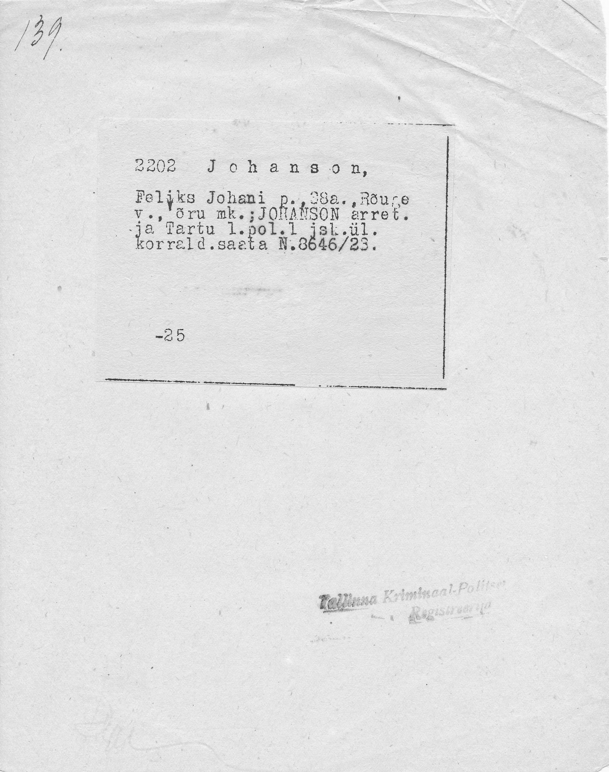 Johanson, Feliks, Johan