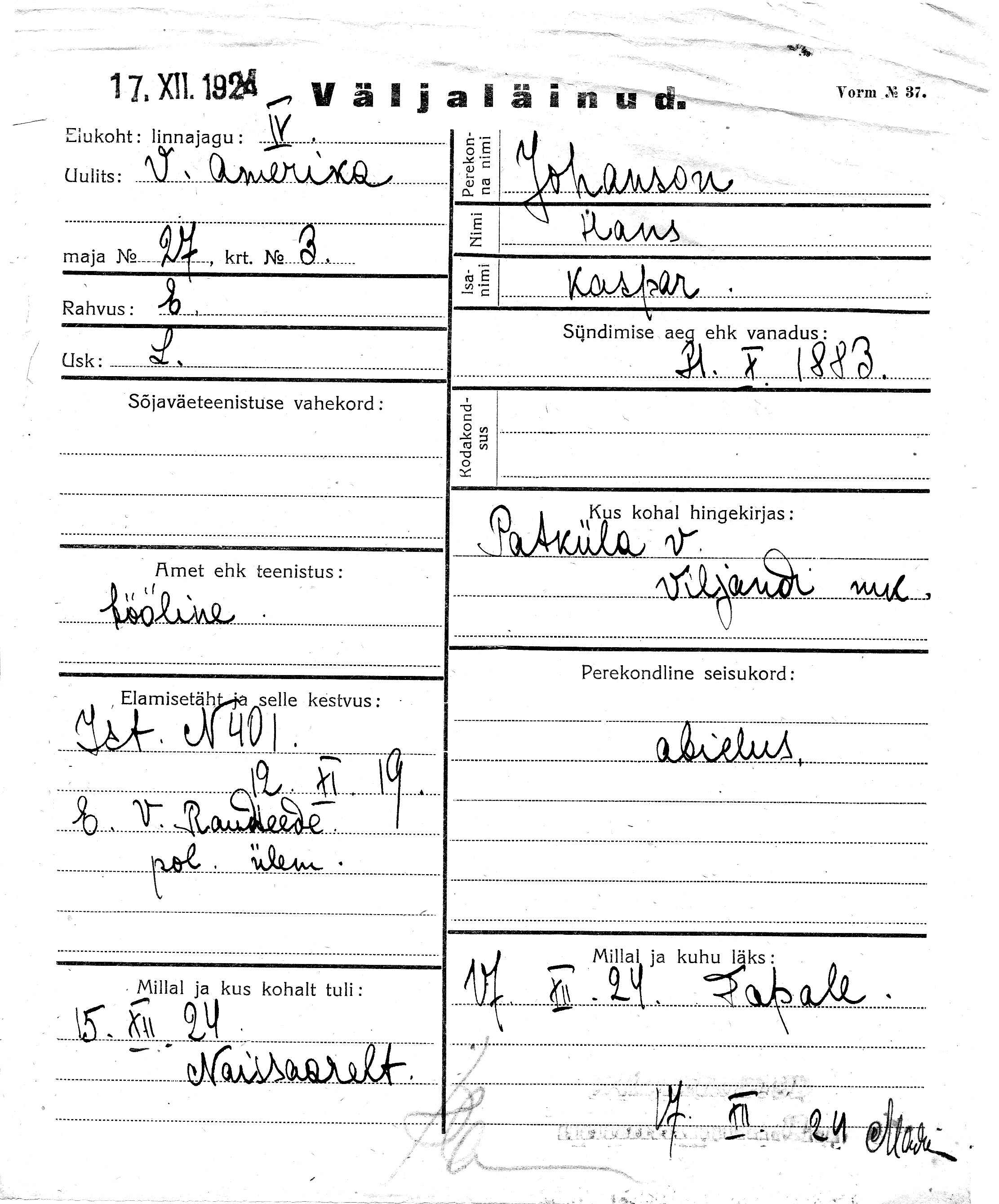 Johanson, Hans, Kaspar