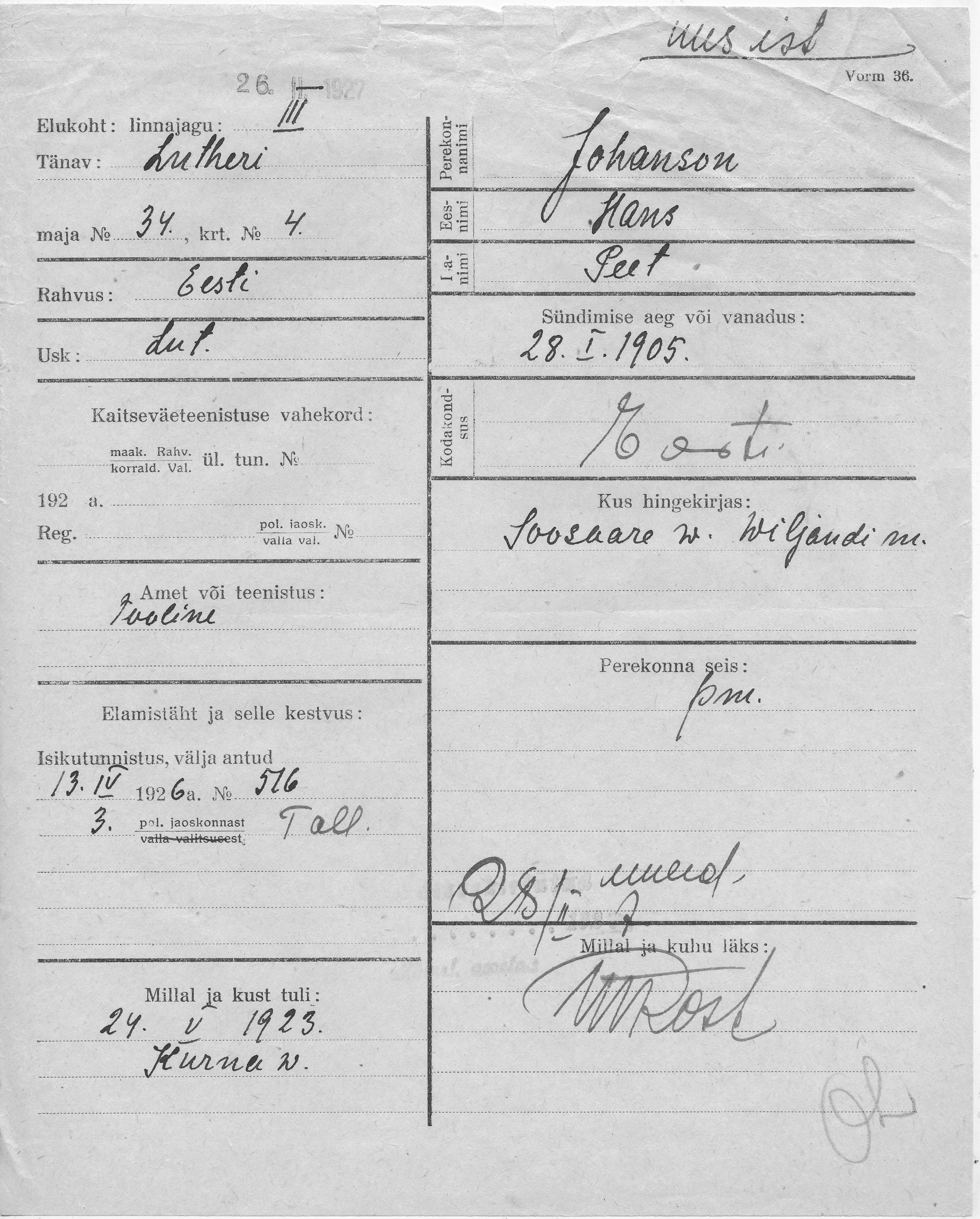 Johanson, Hans, Peet