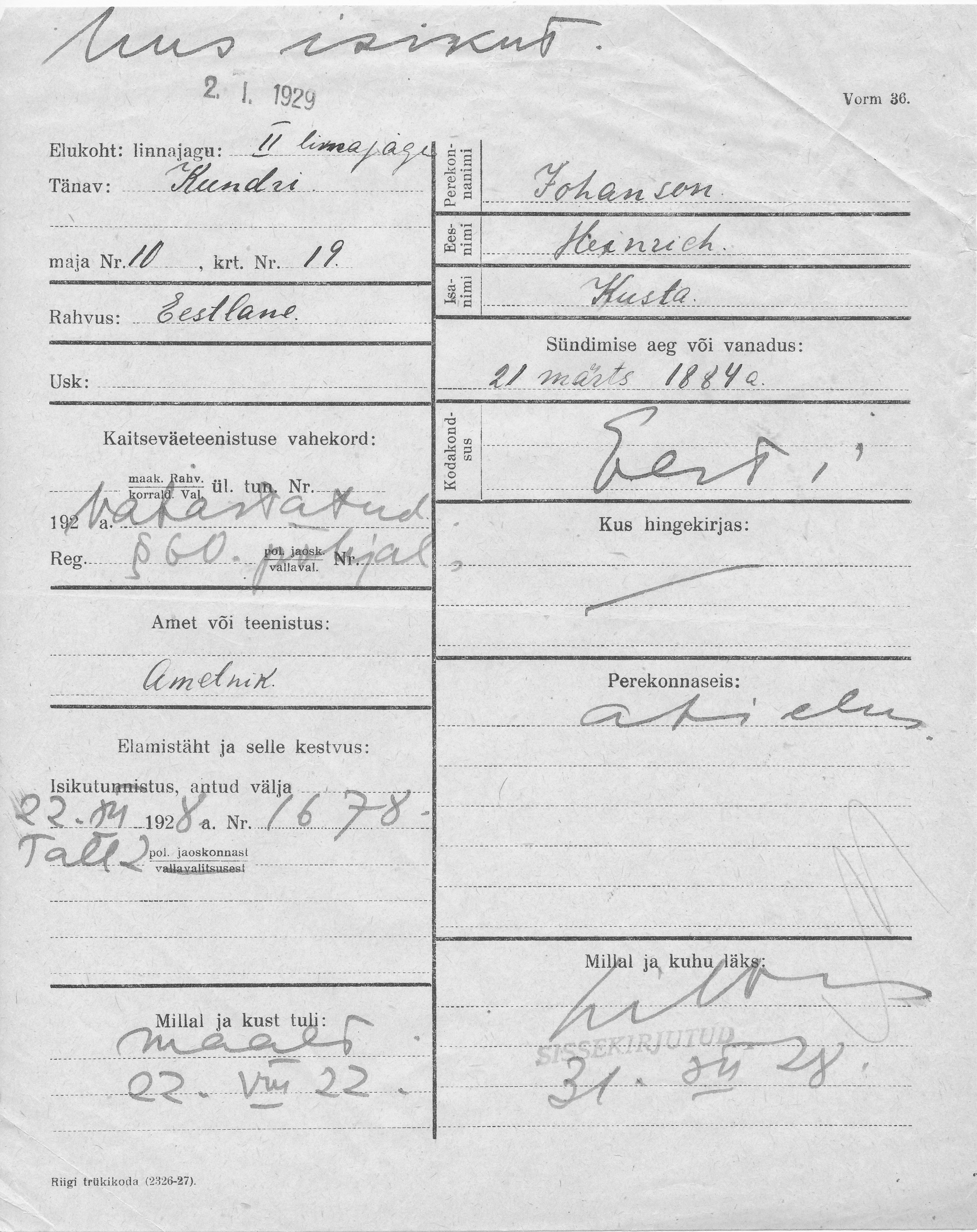 Johanson, Heinrich, Kusta