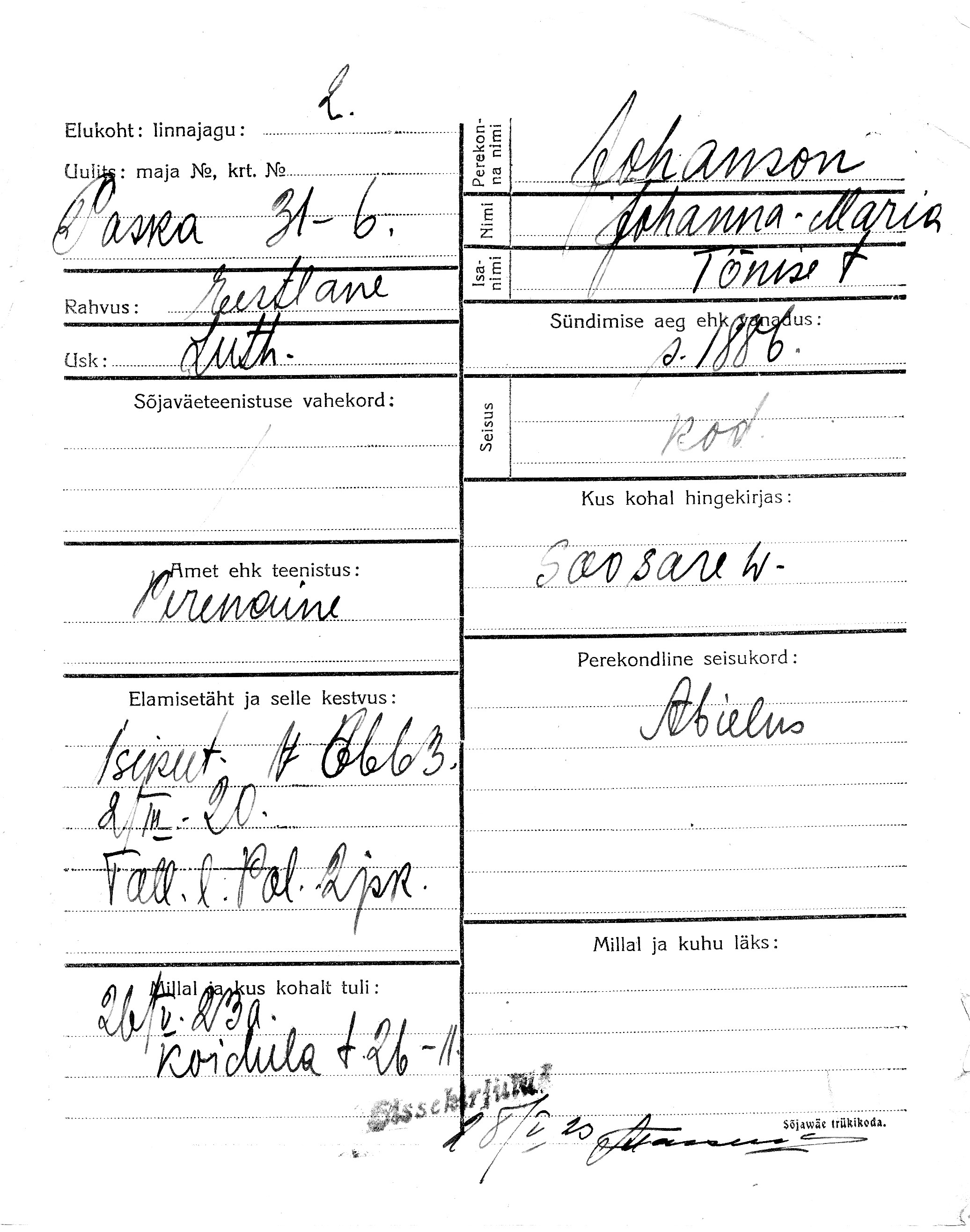 Johanson, Johanna-Maria, Tõnis