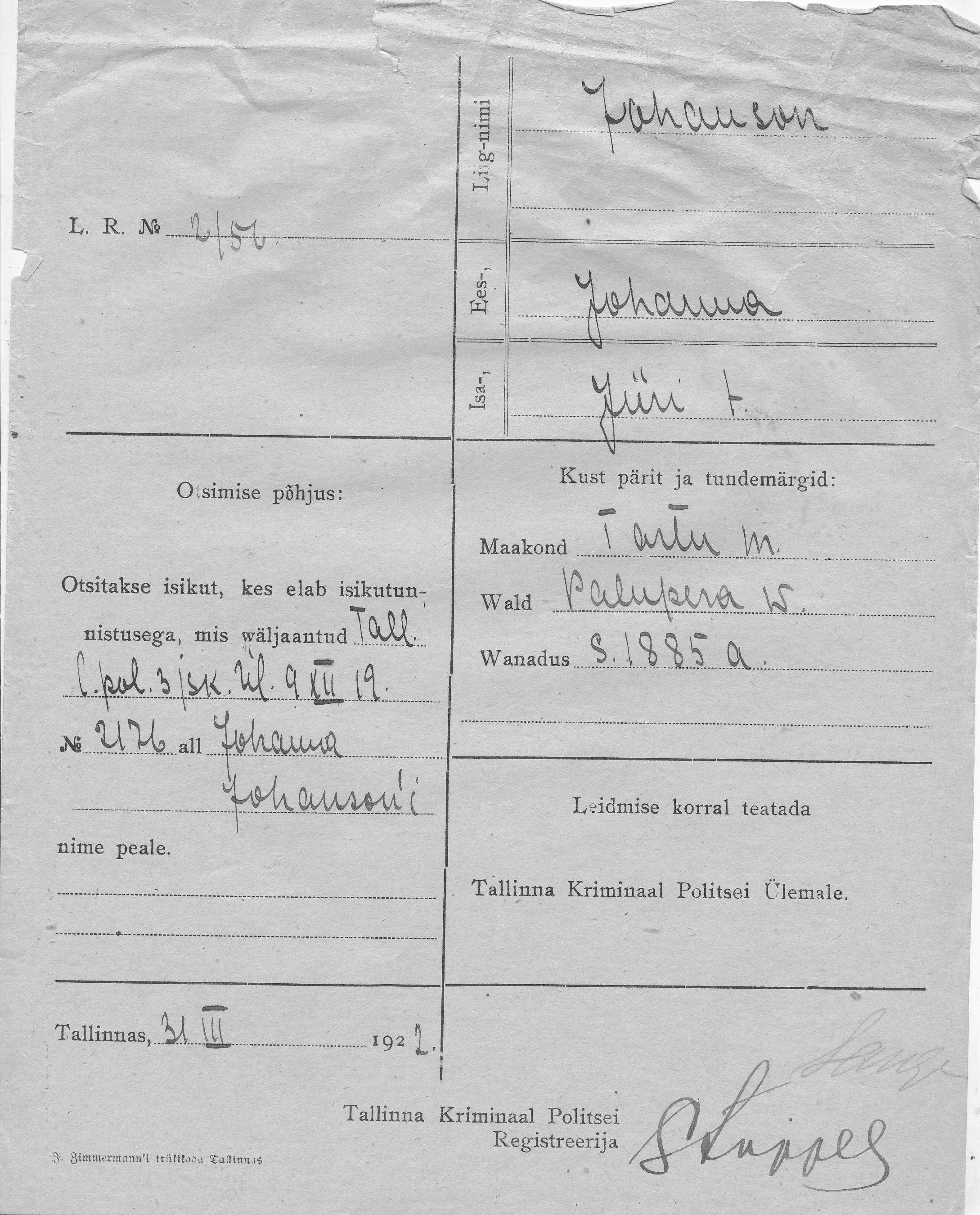 Johanson, Johanna, Jüri