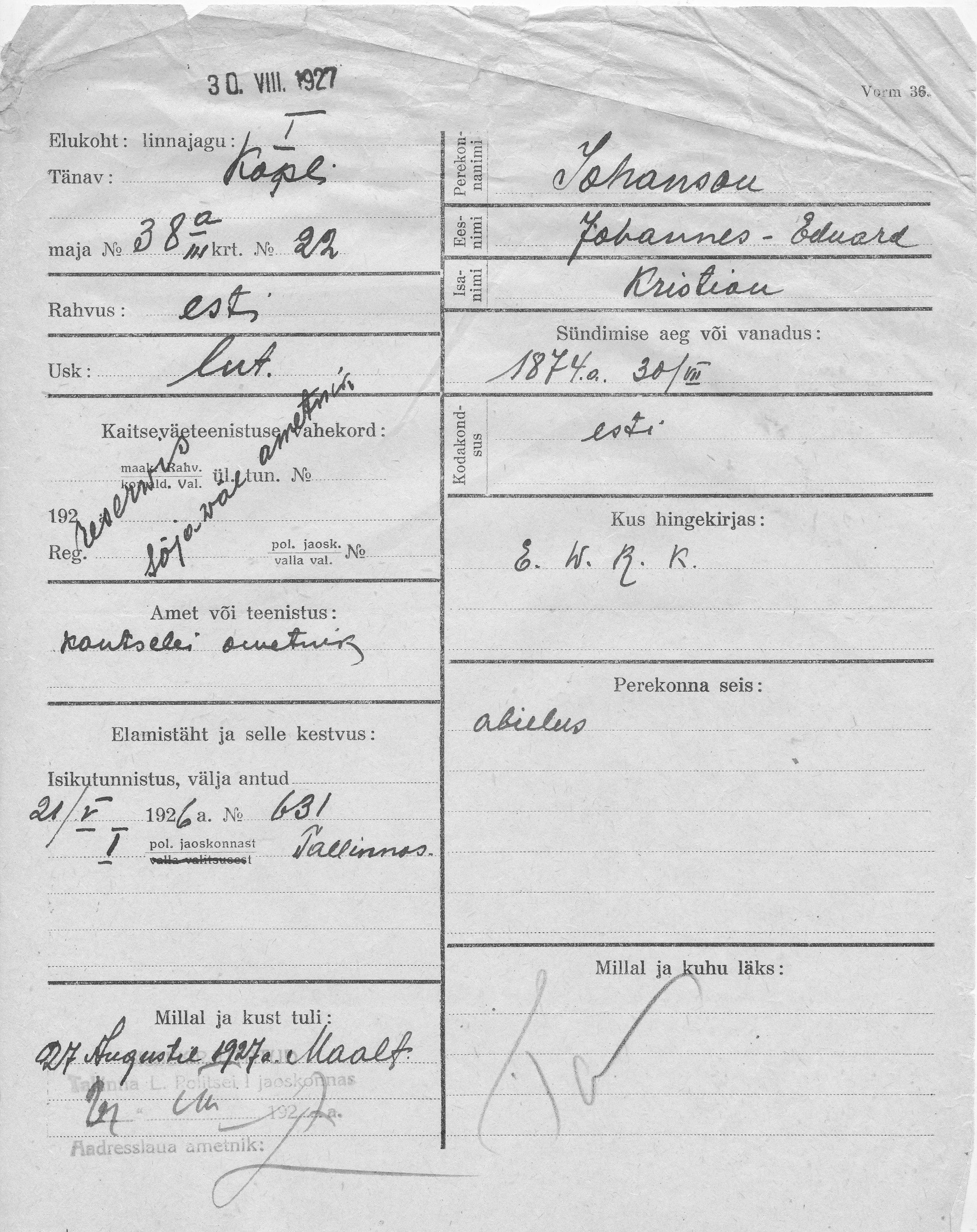 Johanson, Johannes-Eduard, Kristian