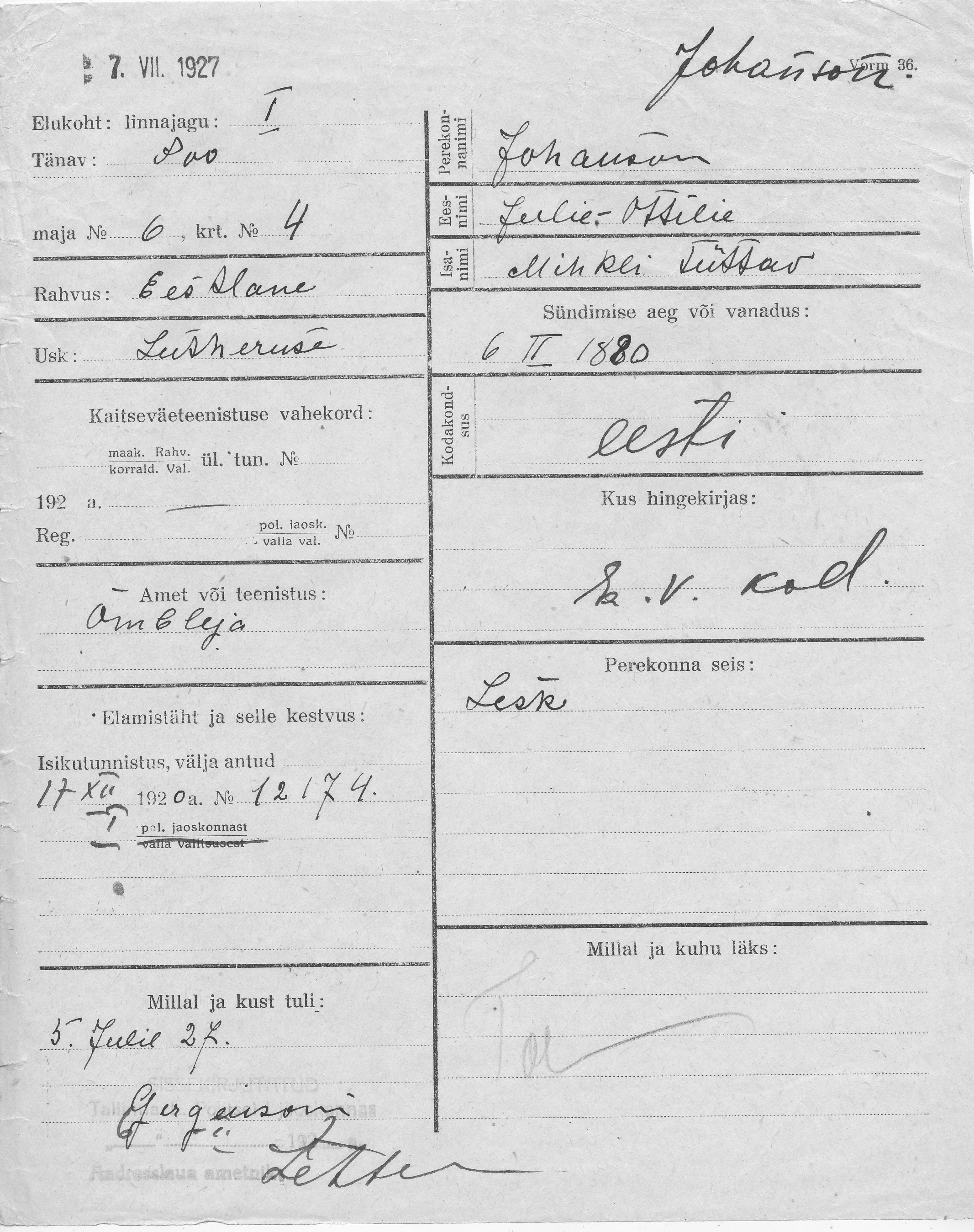 Johanson, Julie-Ottilie, Mihkel