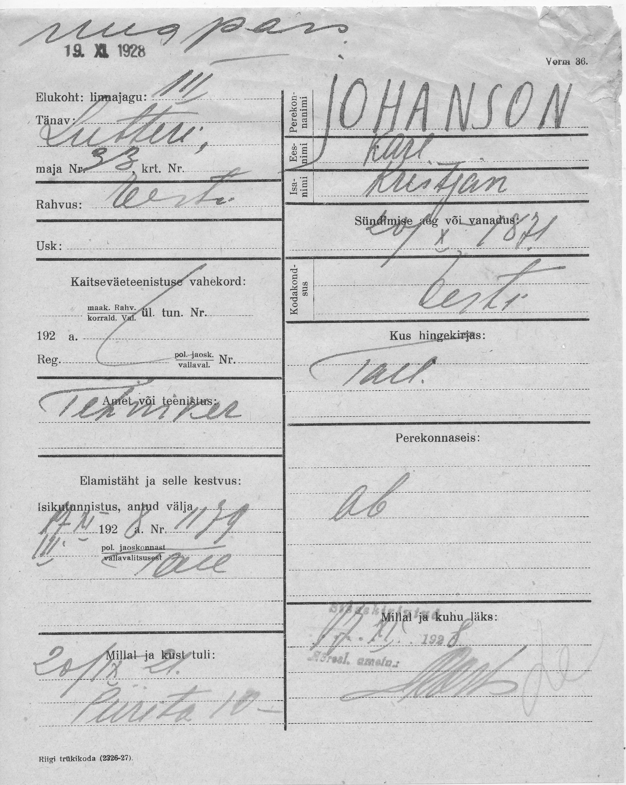 Johanson, Karl, Kristjan