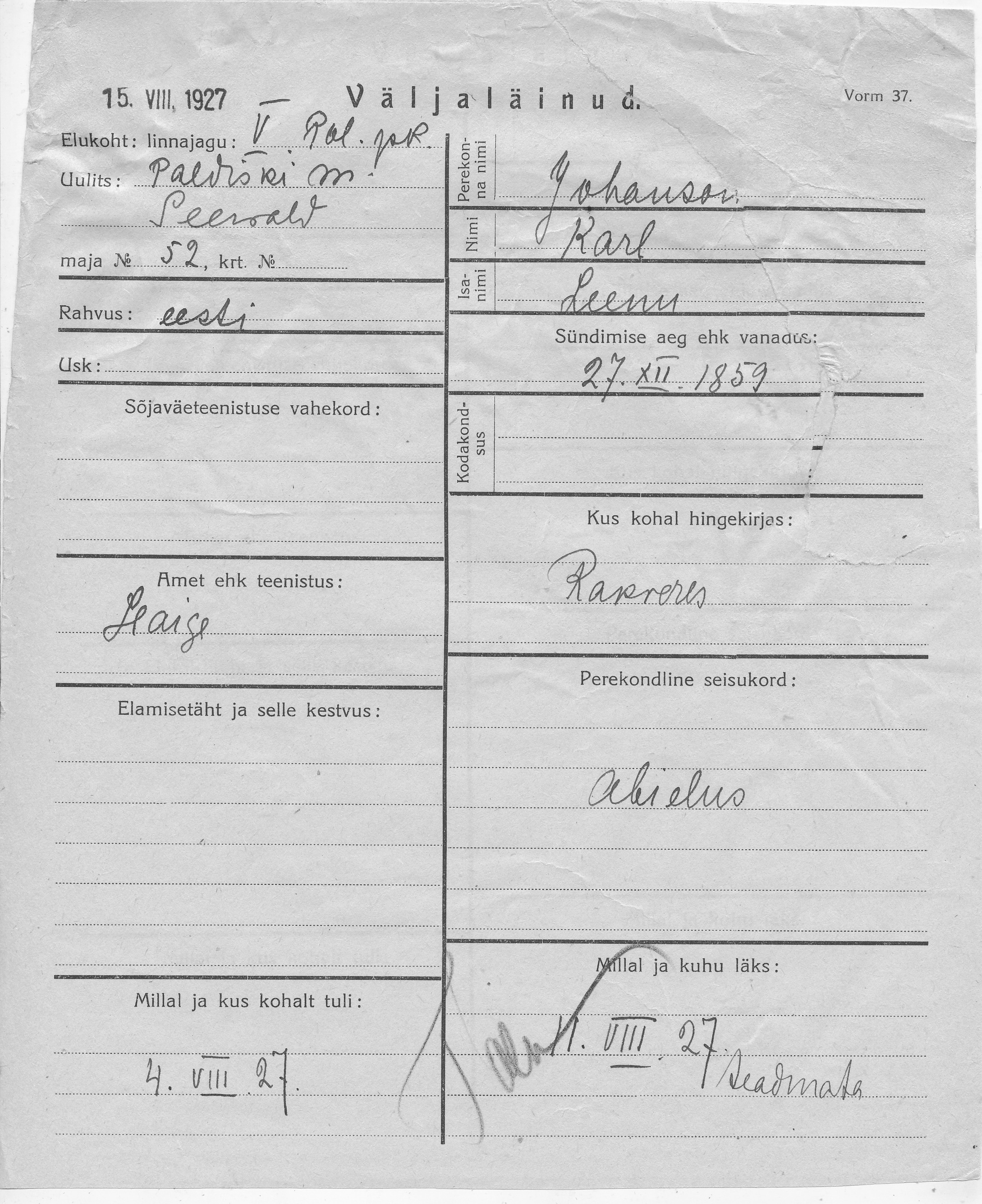 Johanson, Karl, Leenu