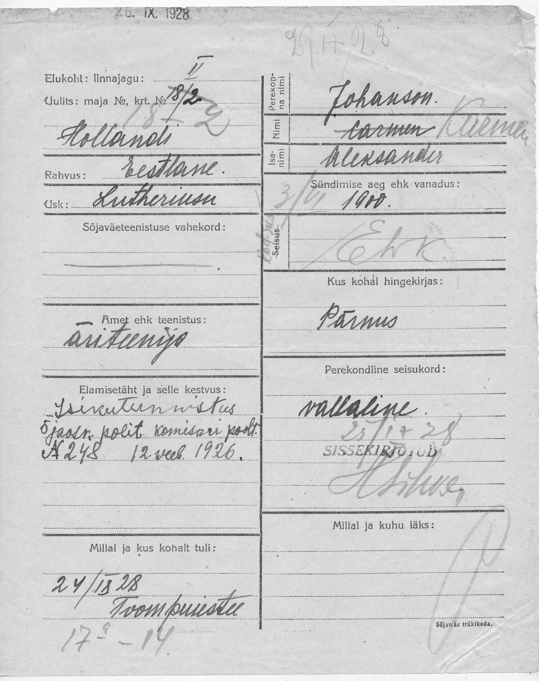 Johanson, Karmen, Aleksander