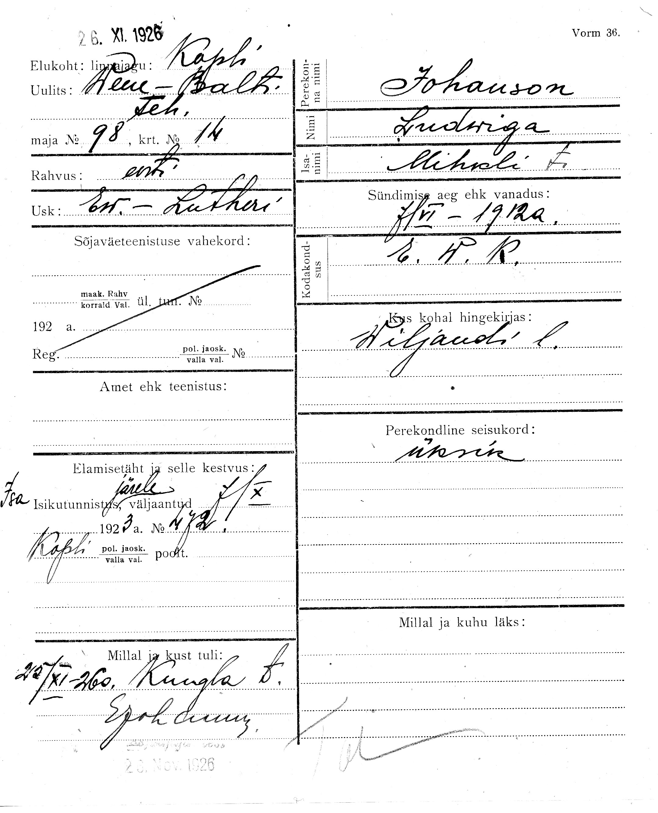 Johanson, Ludwiga, Mihkel