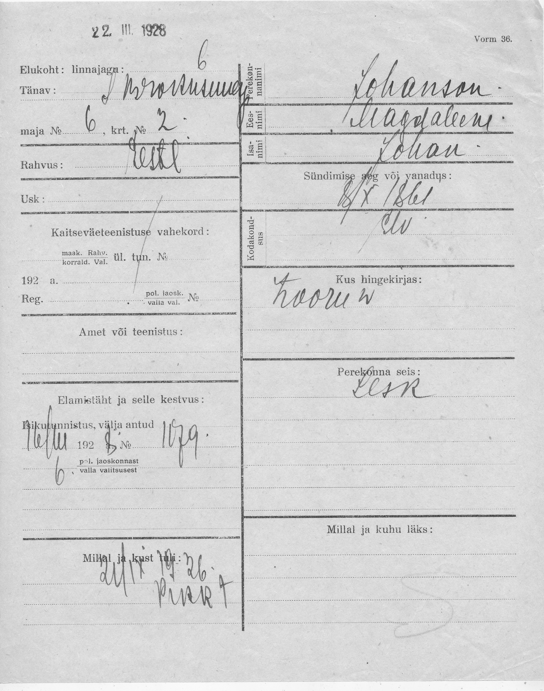 Johanson, Magdaleene, Johan