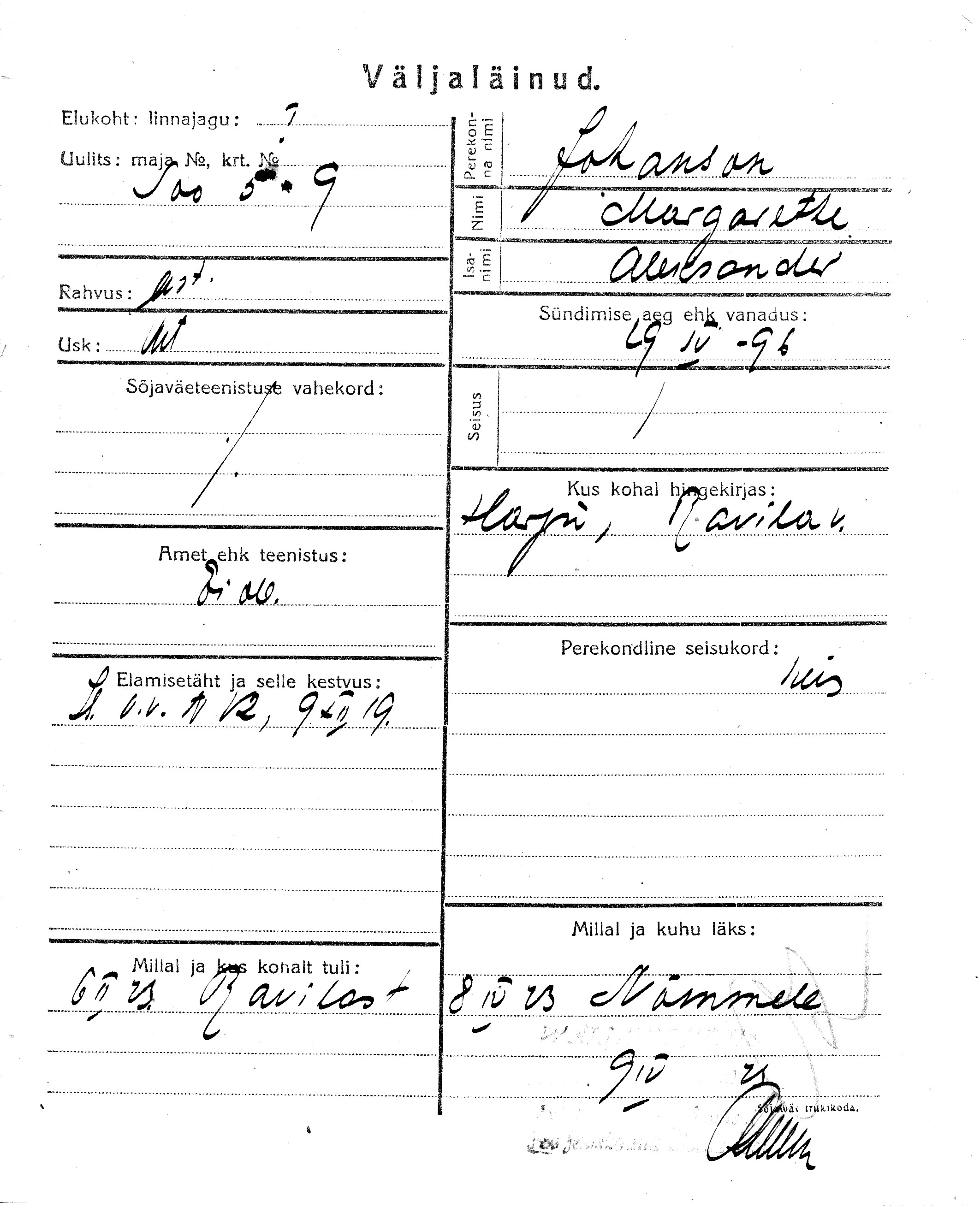 Johanson, Margarethe, Aleksander