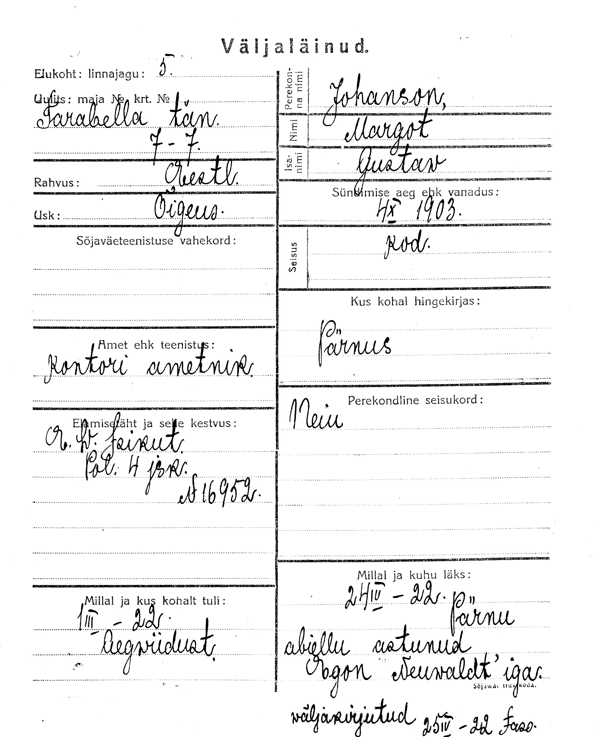 Johanson, Margot, Gustaw