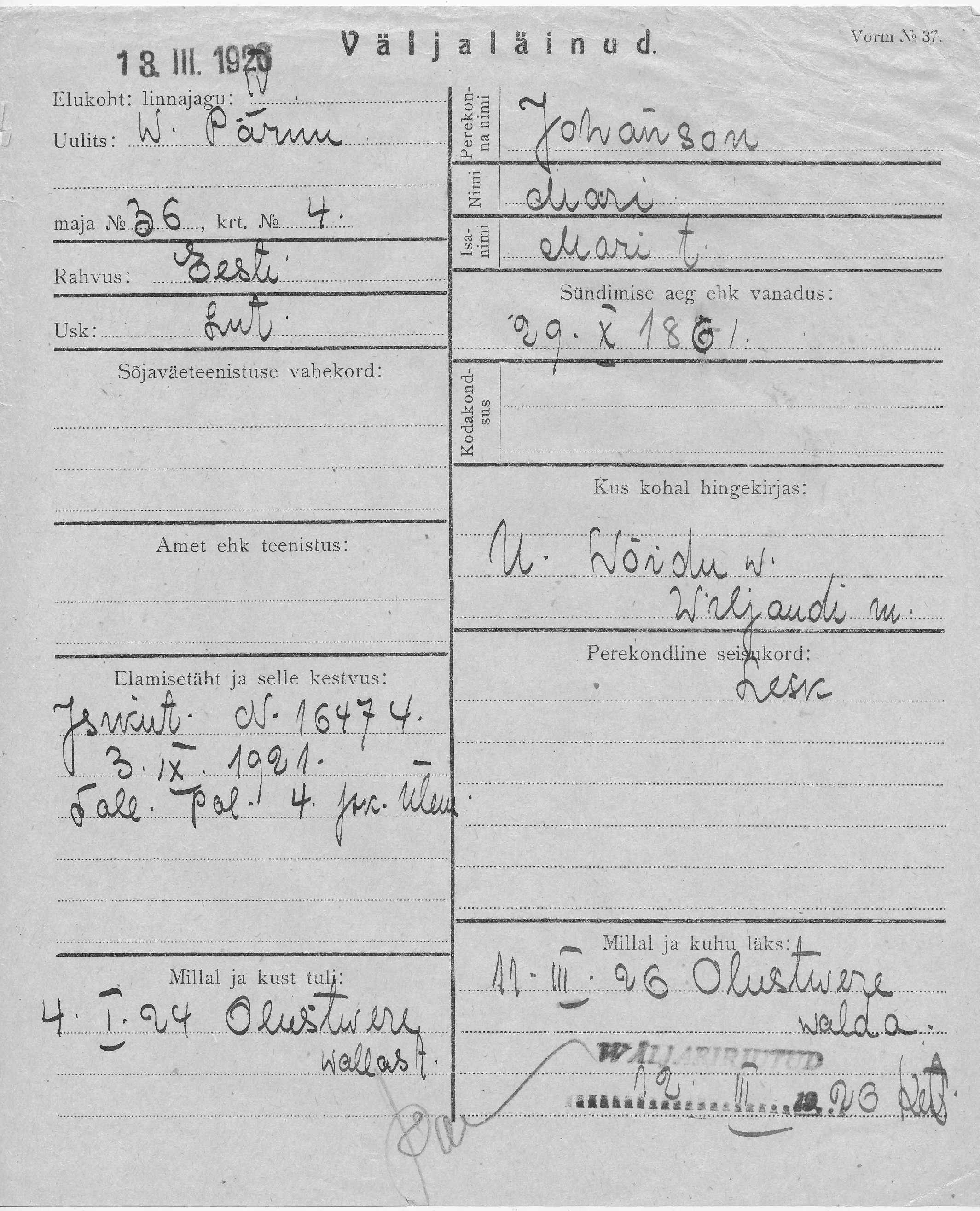 Johanson, Mari, Mari