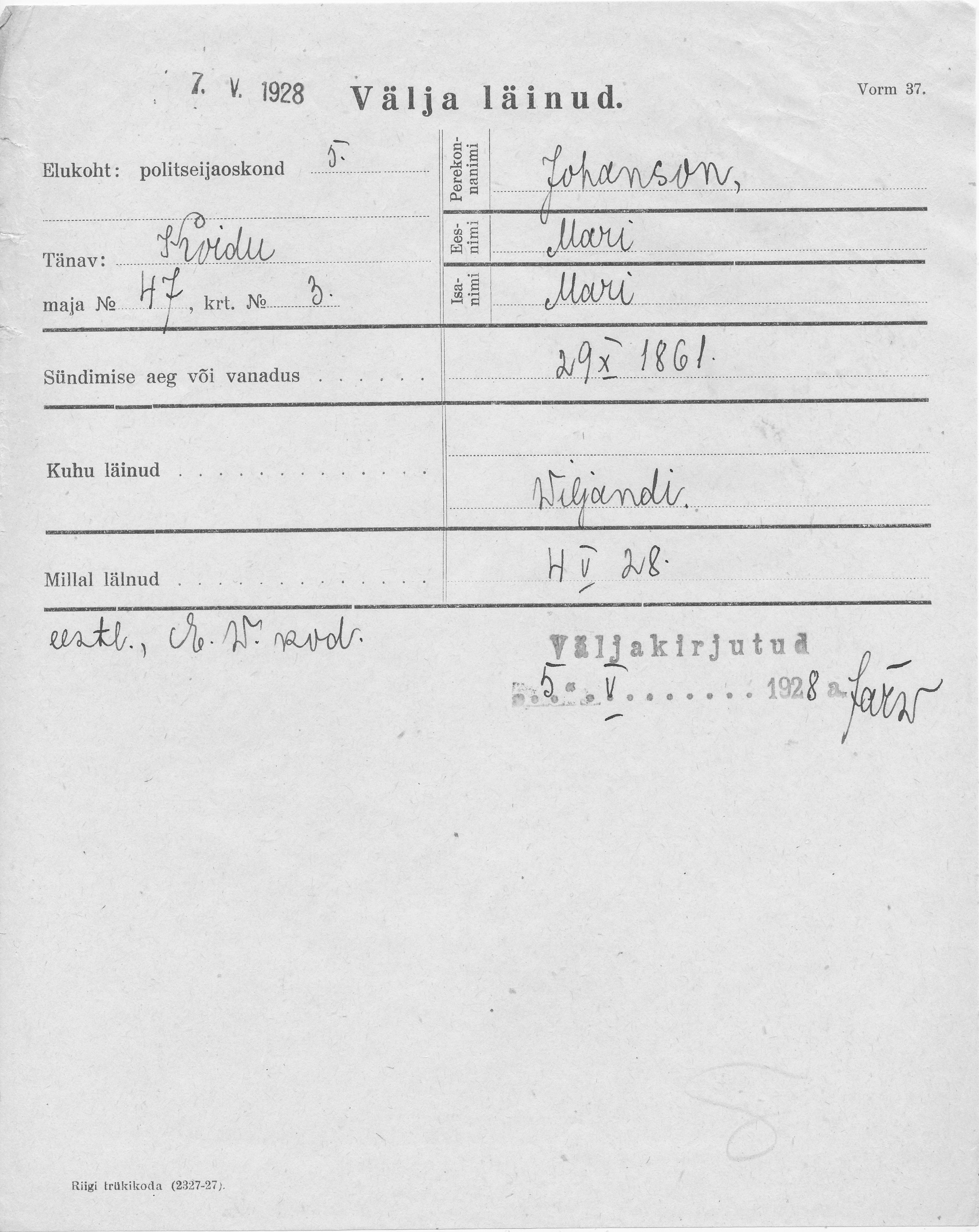 Johanson, Mari, Mari