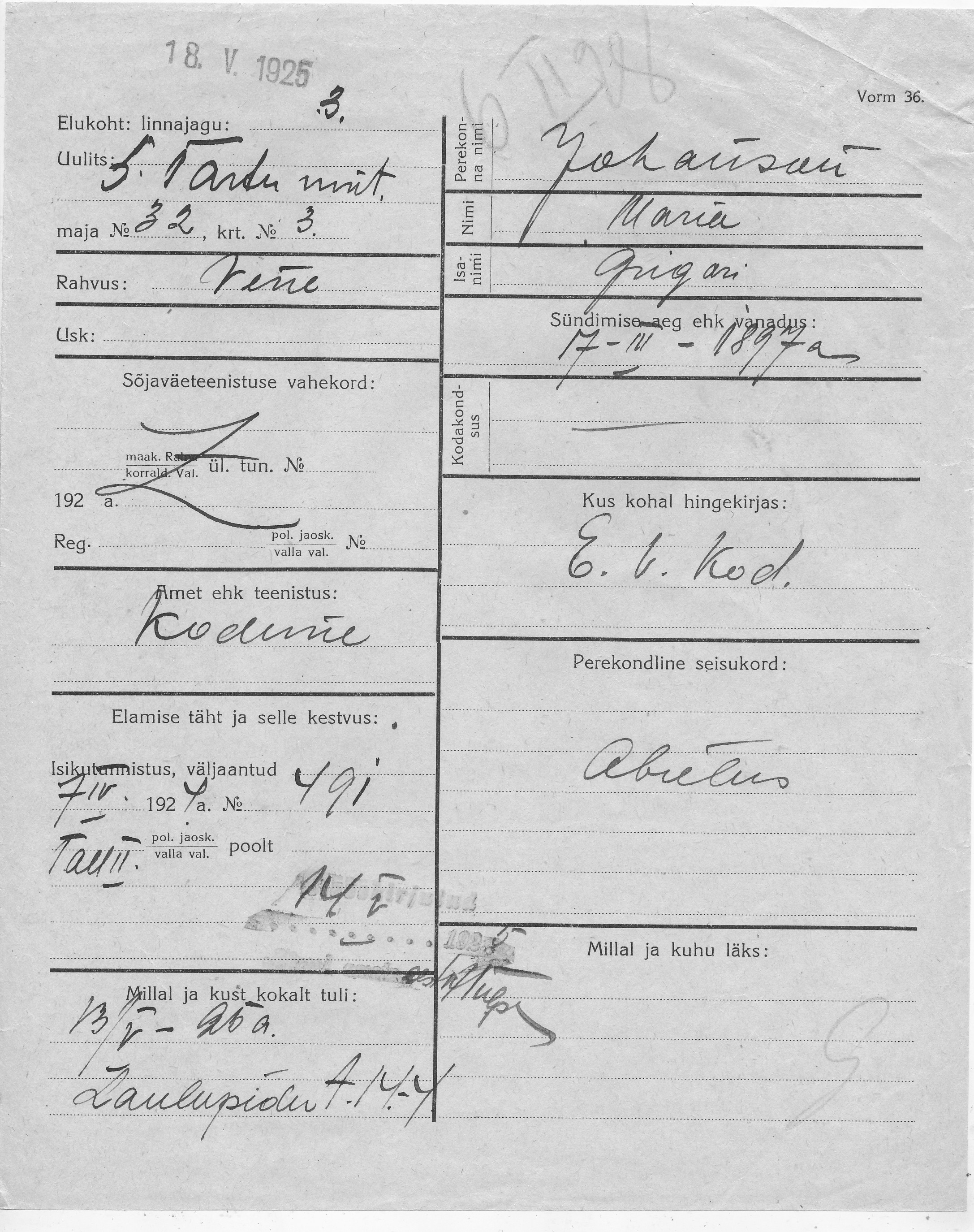 Johanson, Maria, Grigori