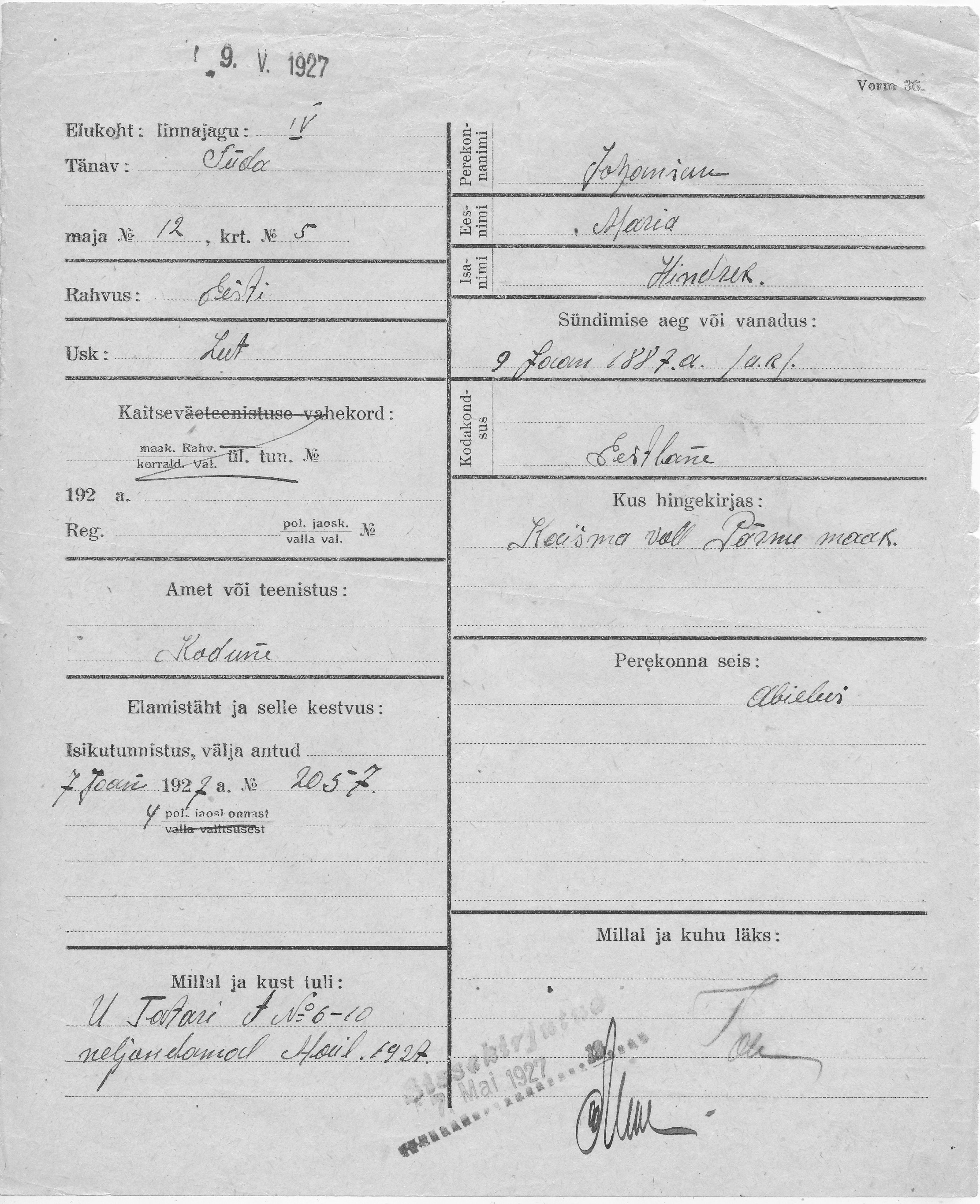 Johanson, Maria, Hindrek