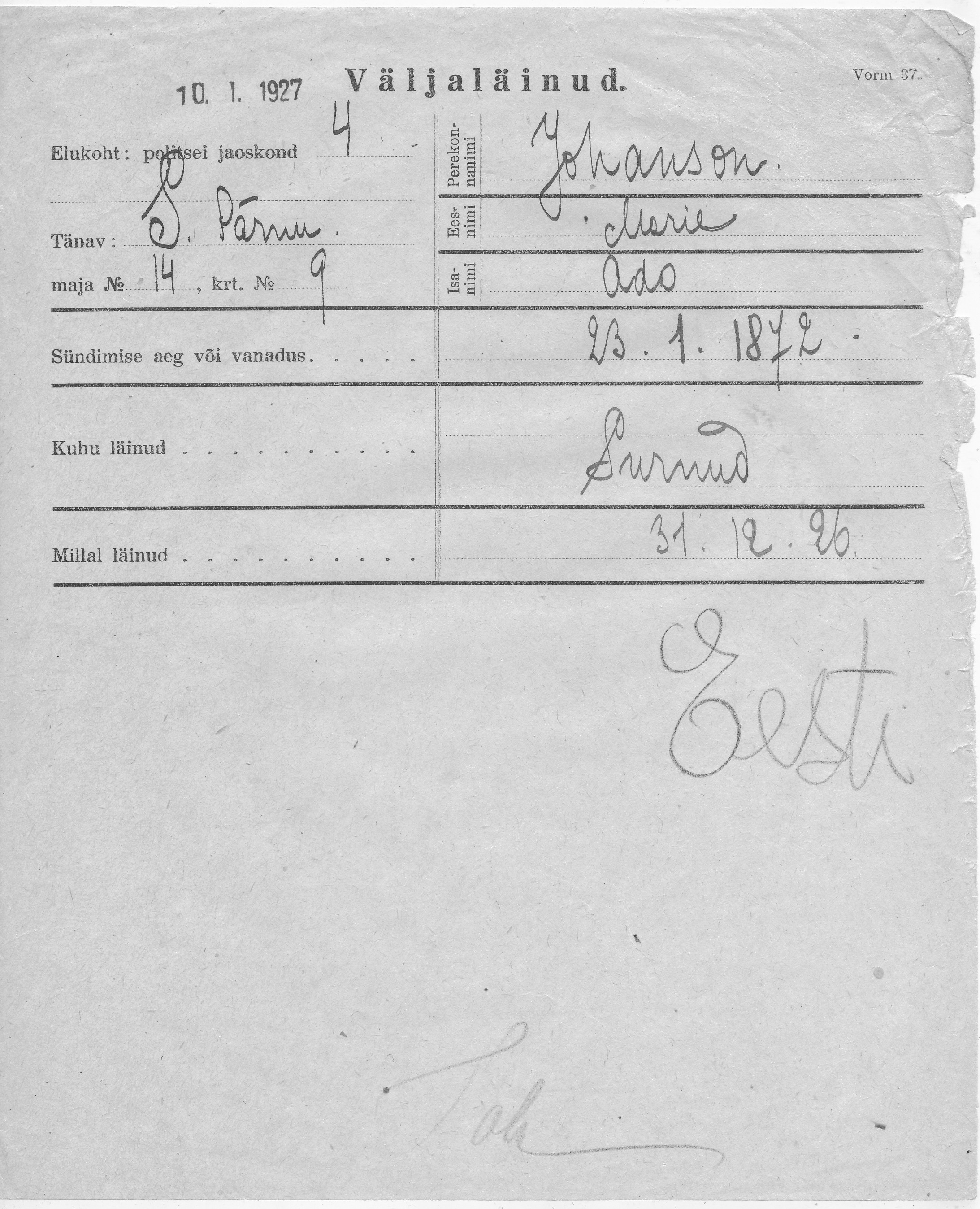 Johanson, Marie, Ado