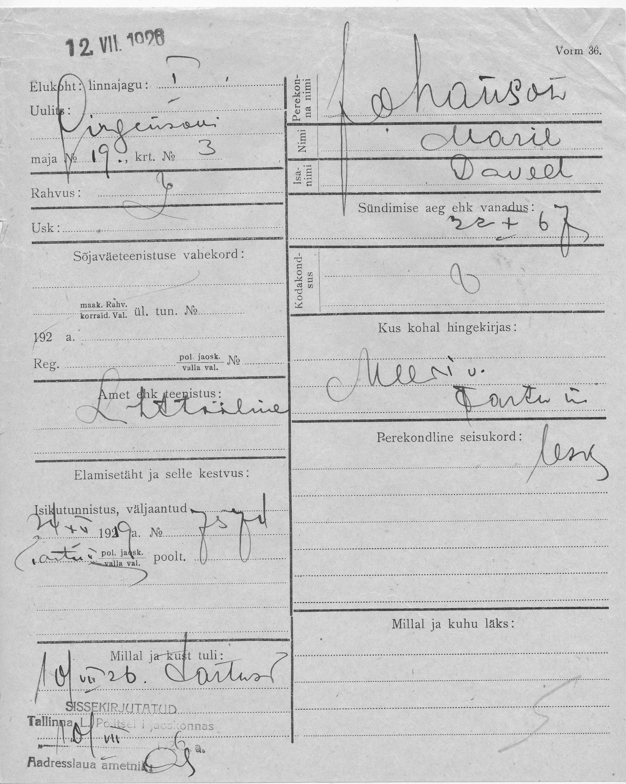 Johanson, Marie, Daved