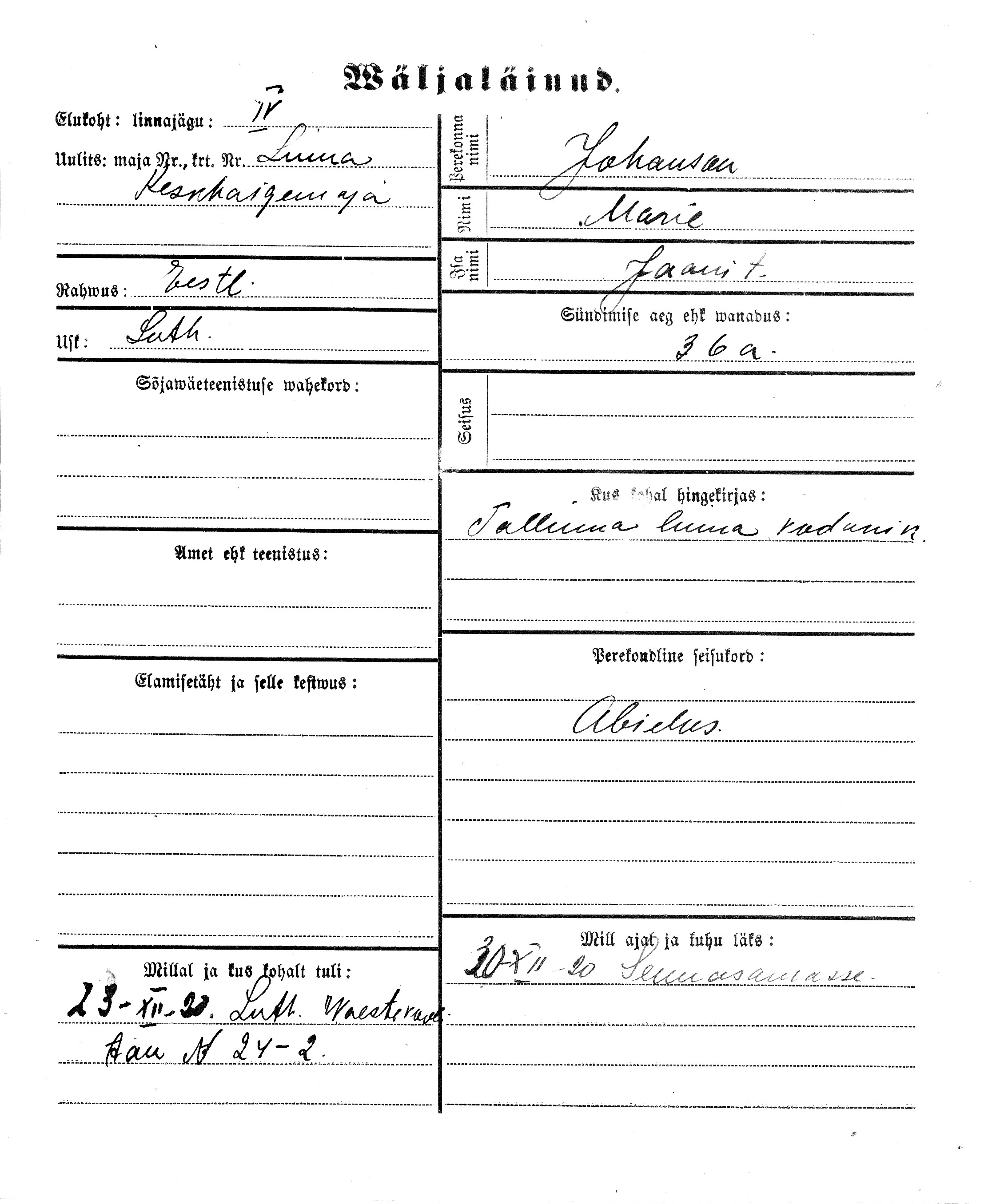 Johanson, Marie, Jaan