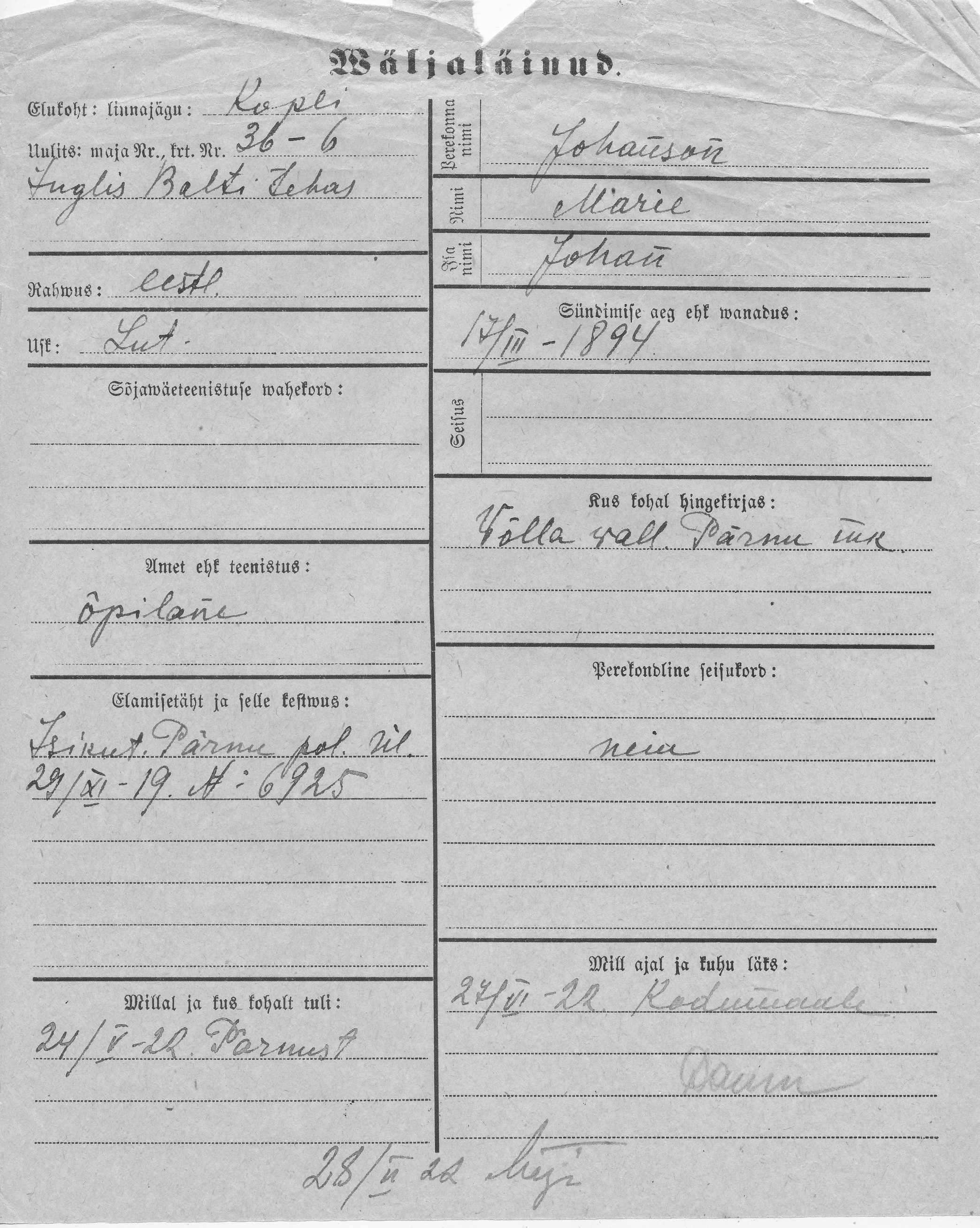 Johanson, Marie, Johan