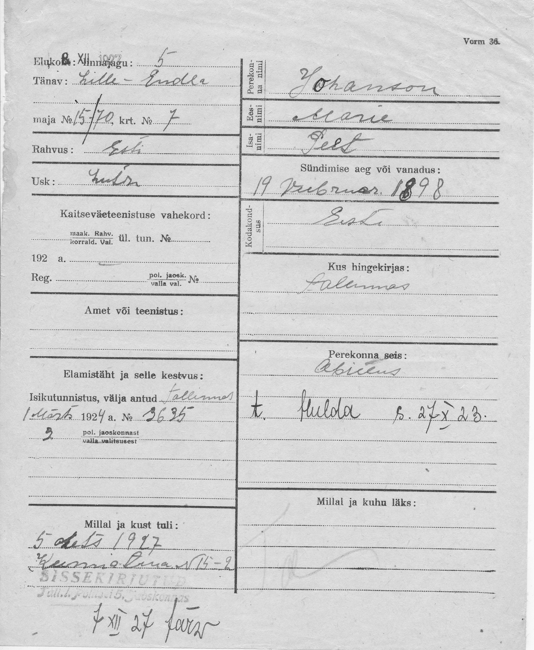 Johanson, Marie, Peet