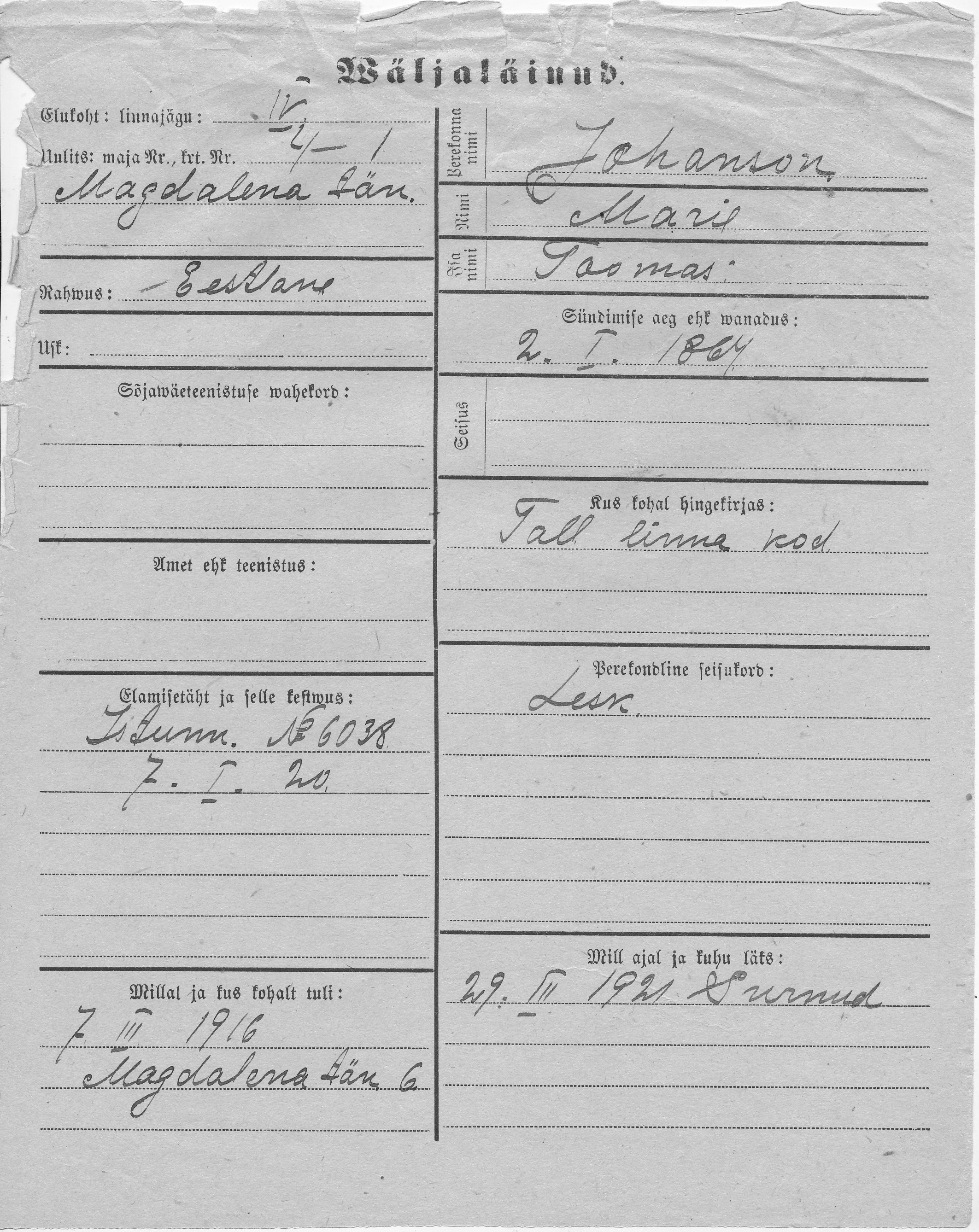 Johanson, Marie, Toomas