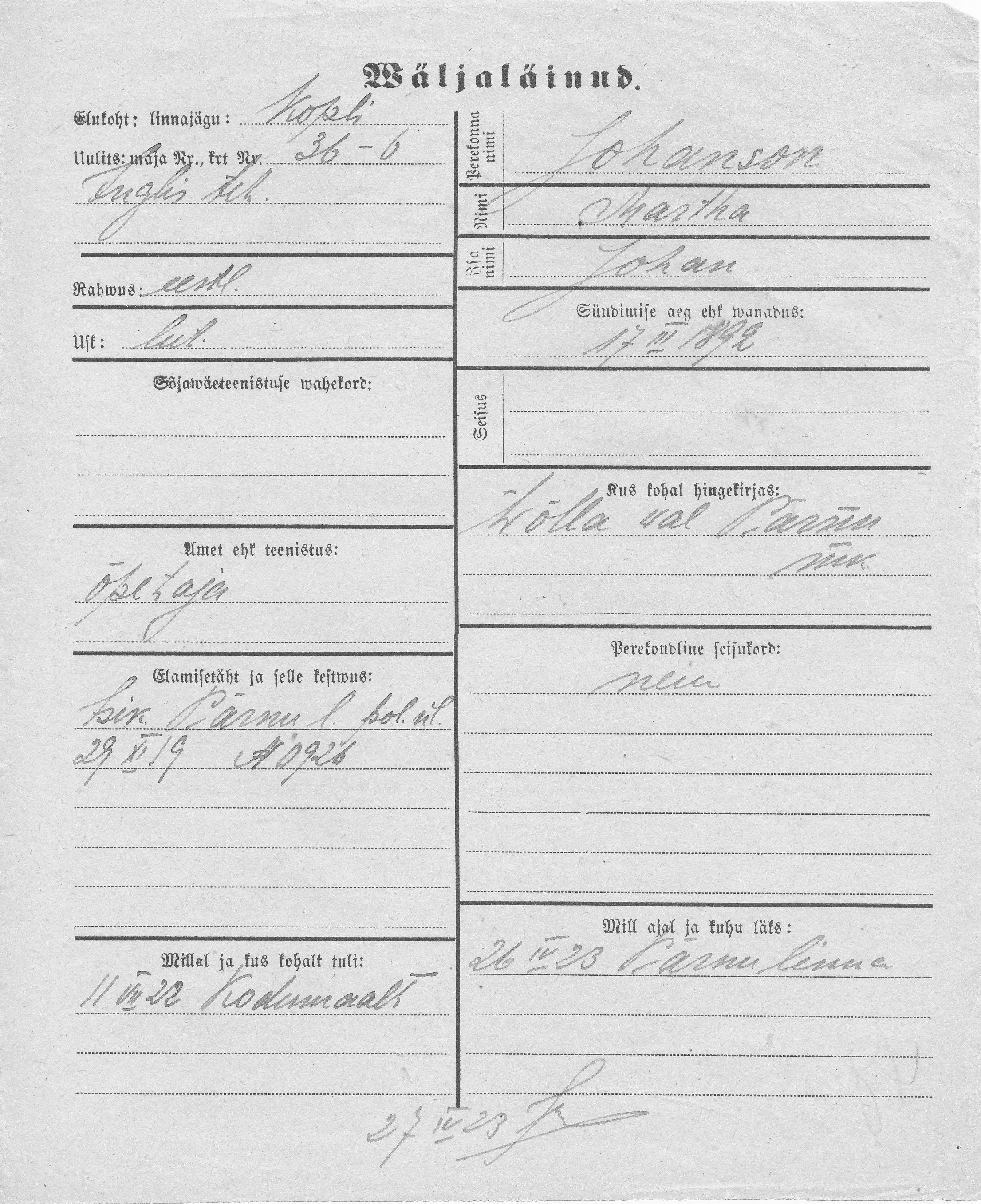 Johanson, Martha, Johan