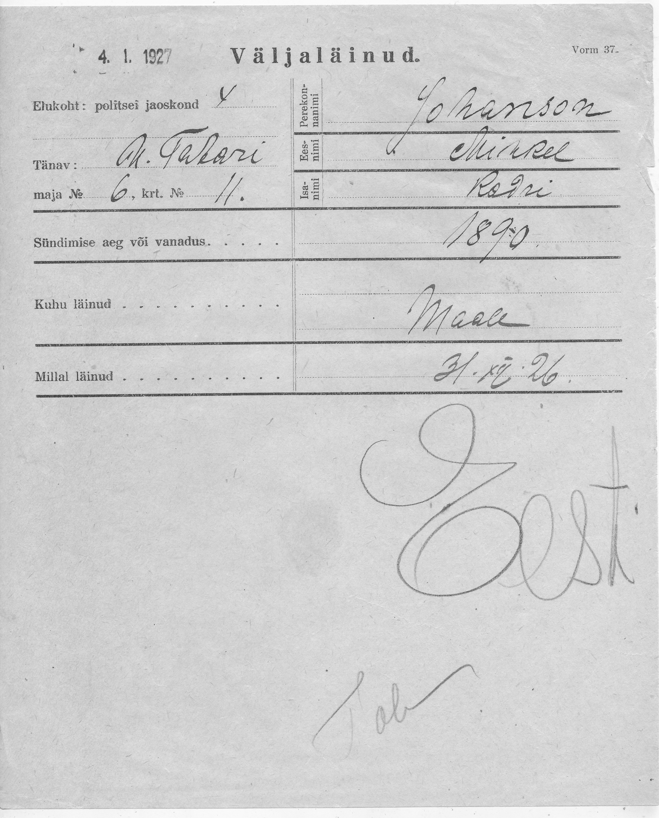 Johanson, Mihkel, Kadri