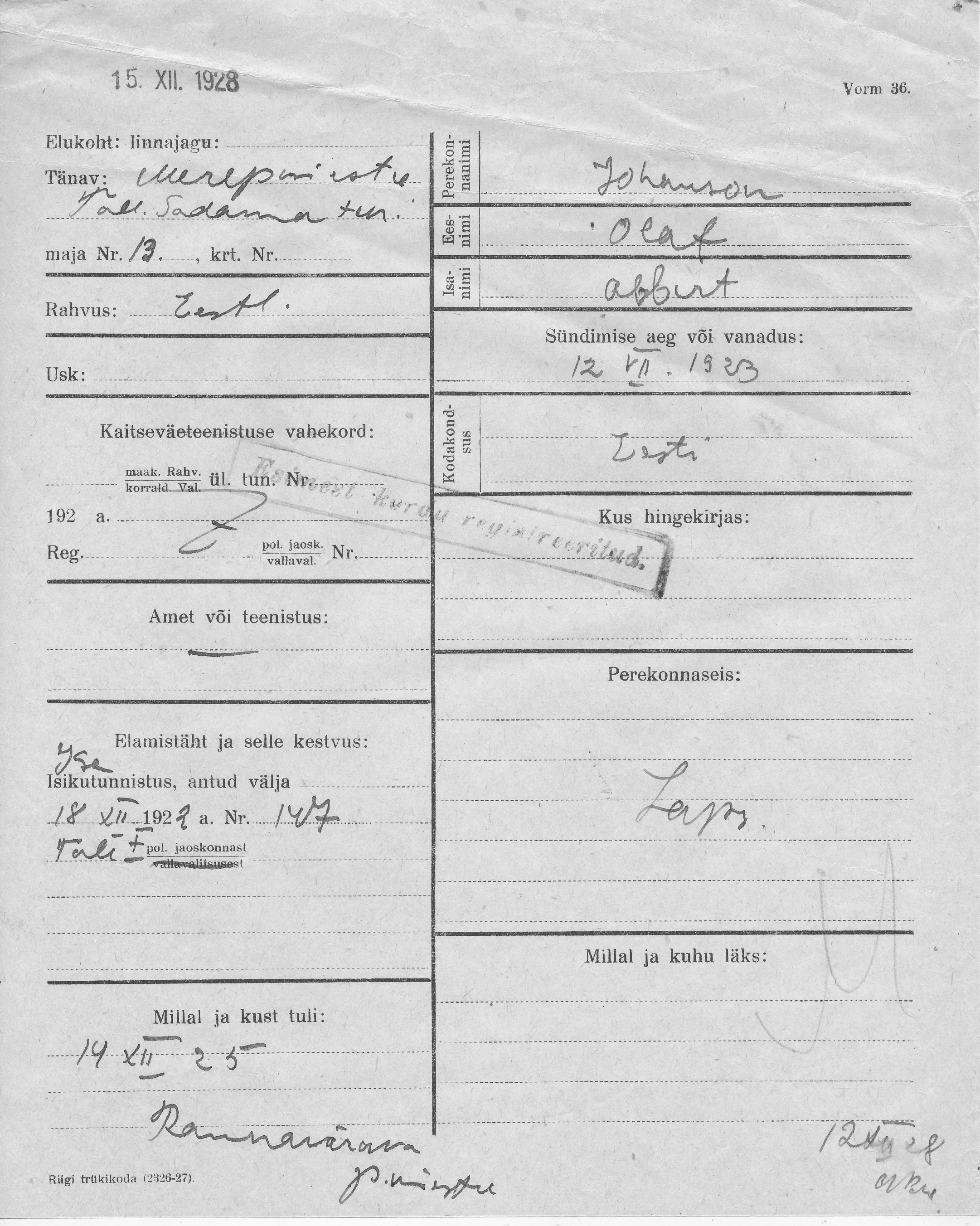 Johanson, Olaf, Albert