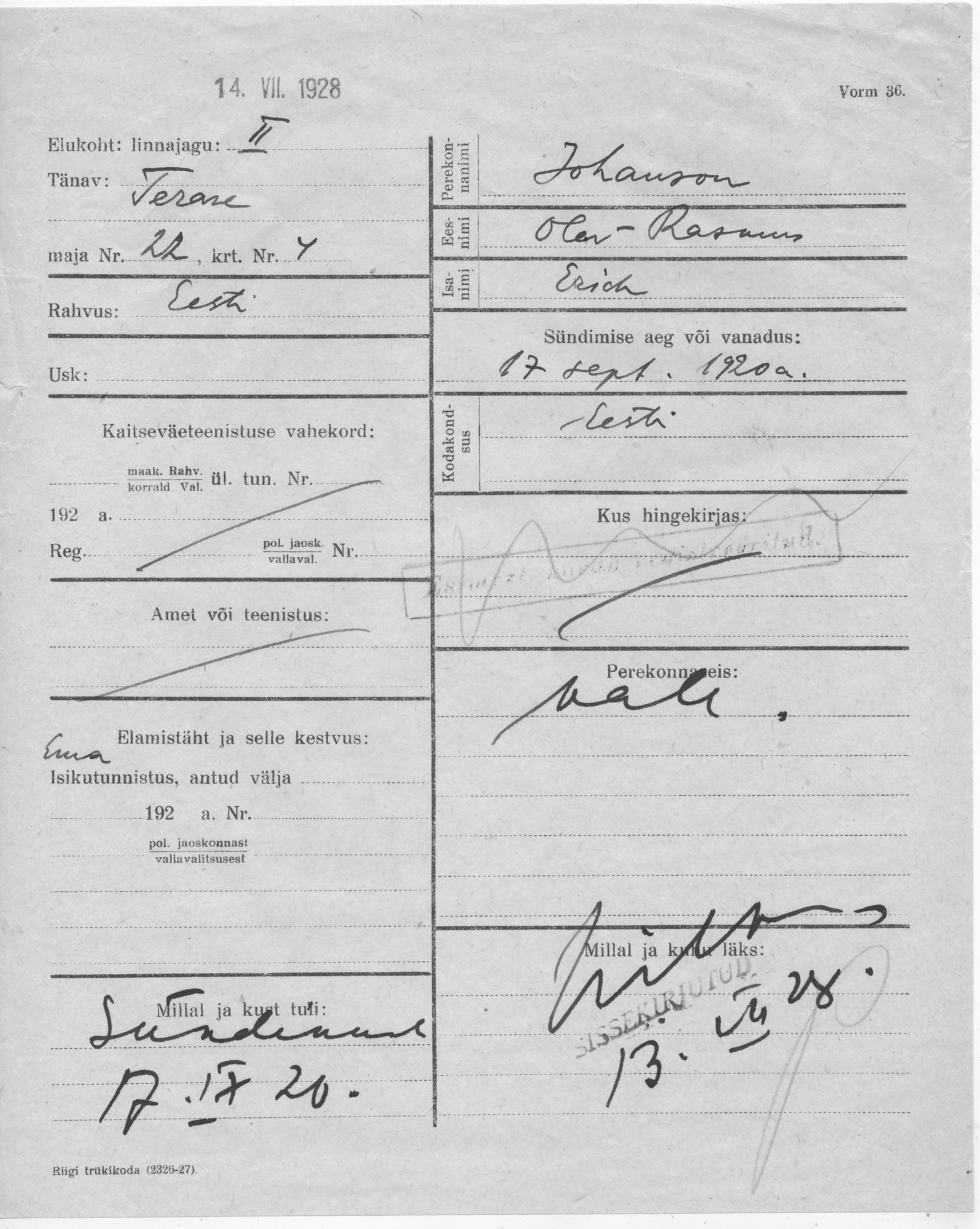 Johanson, Olev-Rasmus, Erich