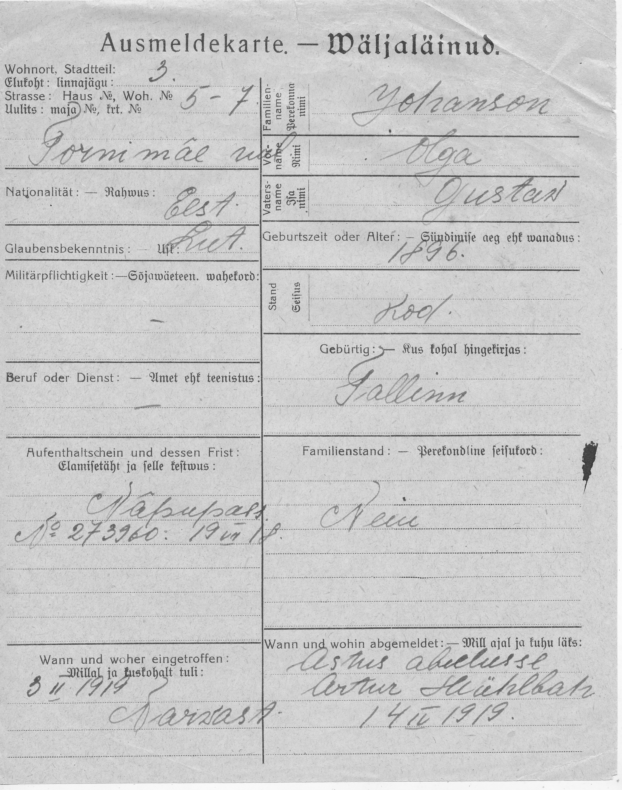 Johanson, Olga, Gustaw