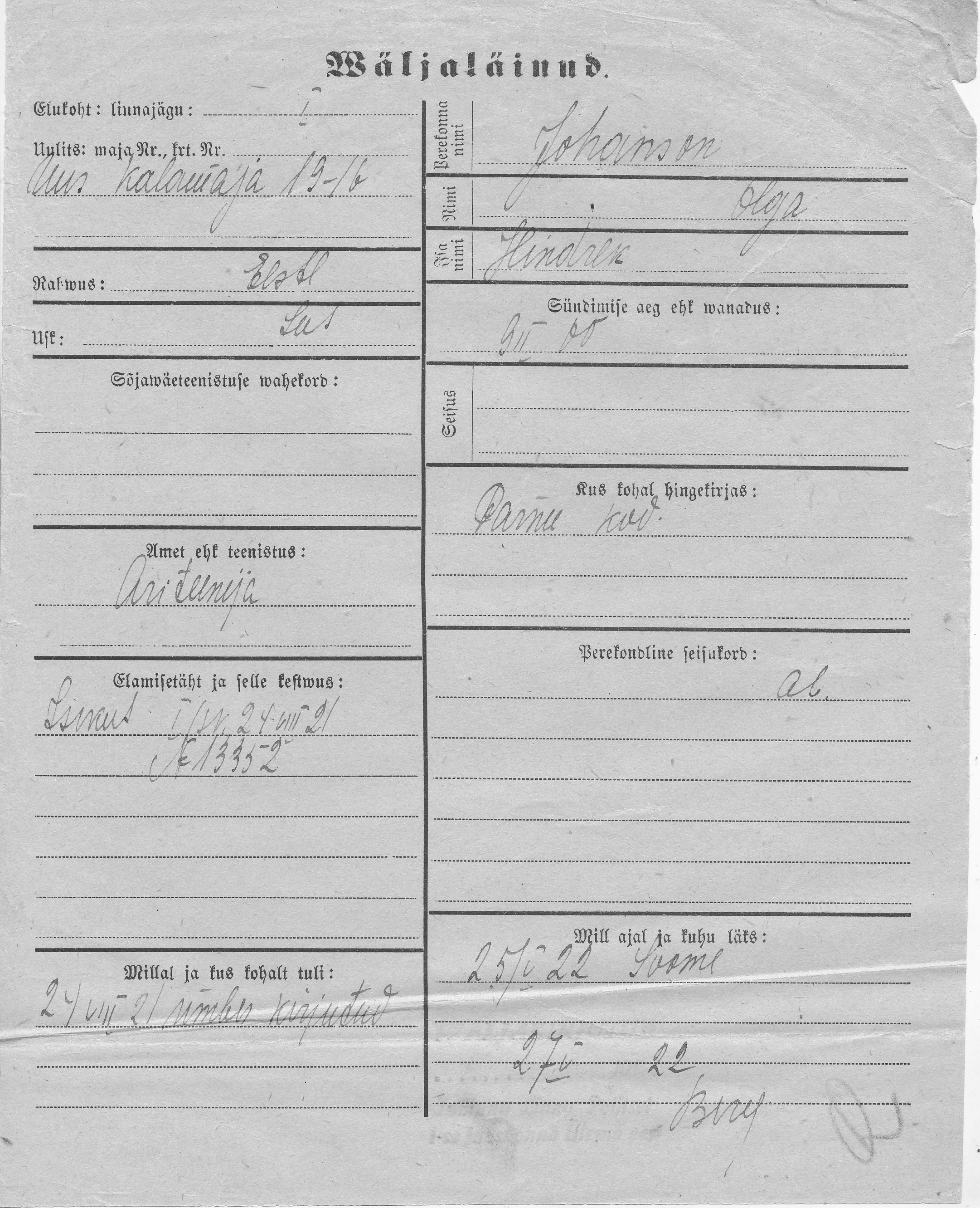 Johanson, Olga, Hindrek