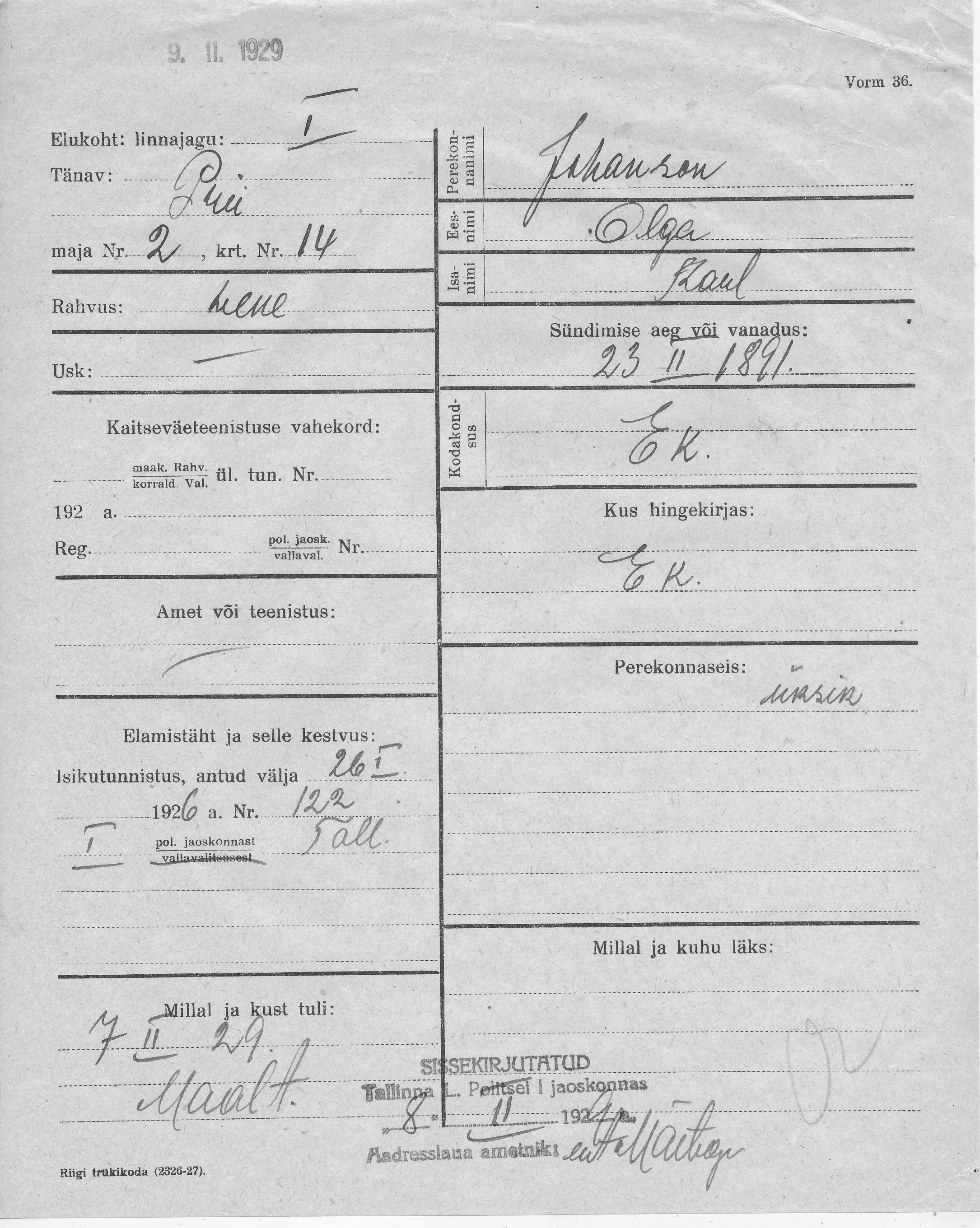 Johanson, Olga, Raul