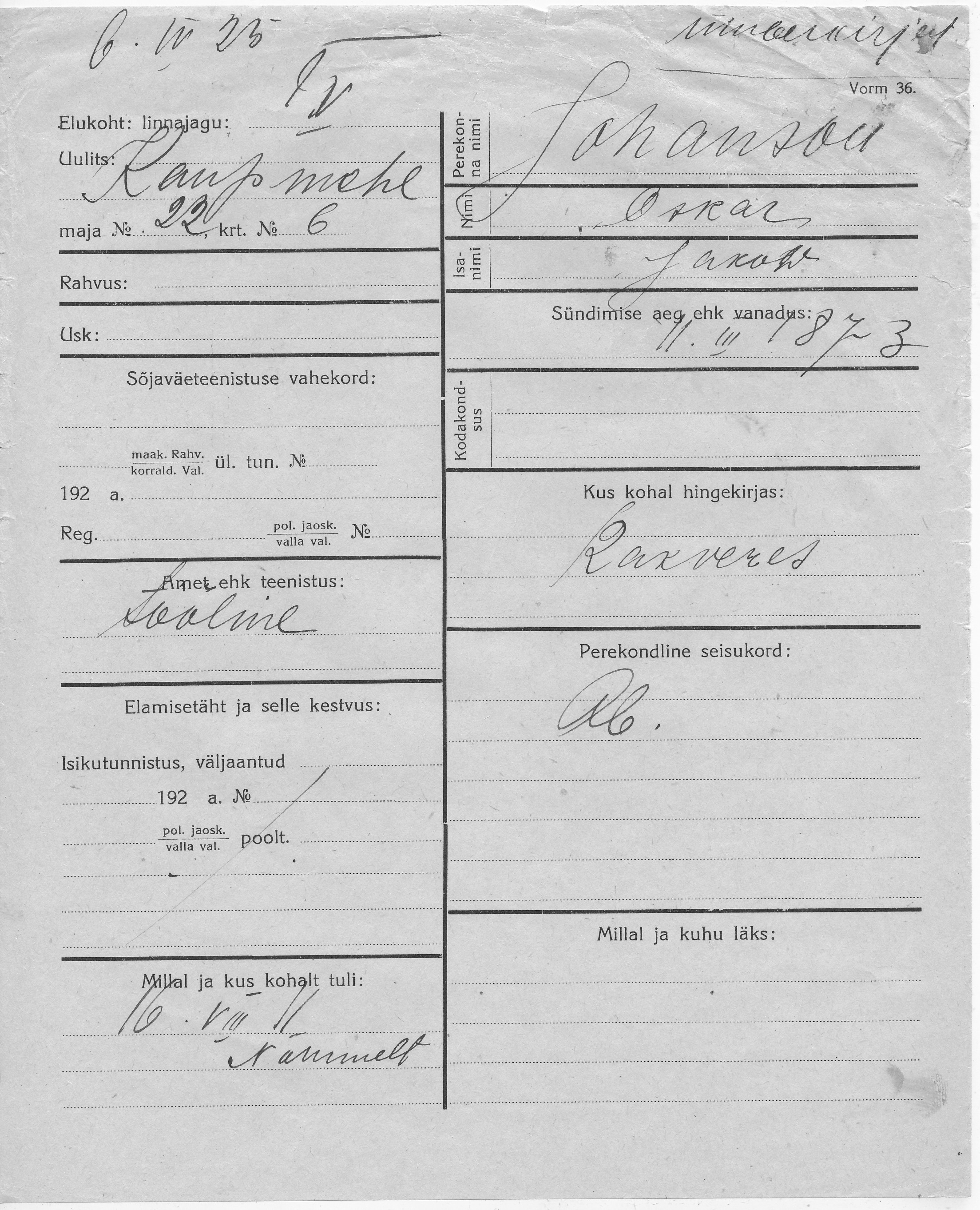 Johanson, Oskar, Jakow