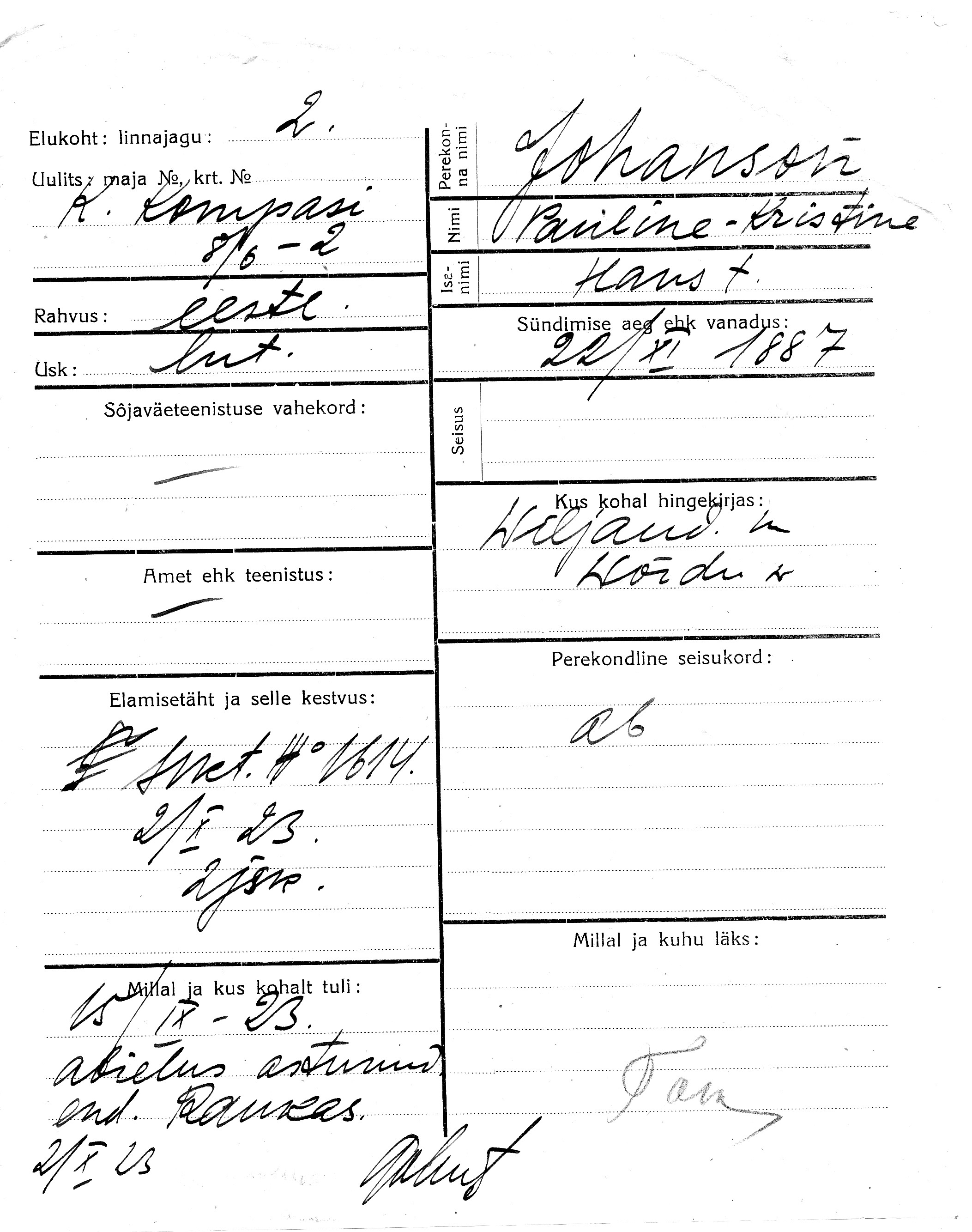 Johanson, Pauline-Kristine, Hans