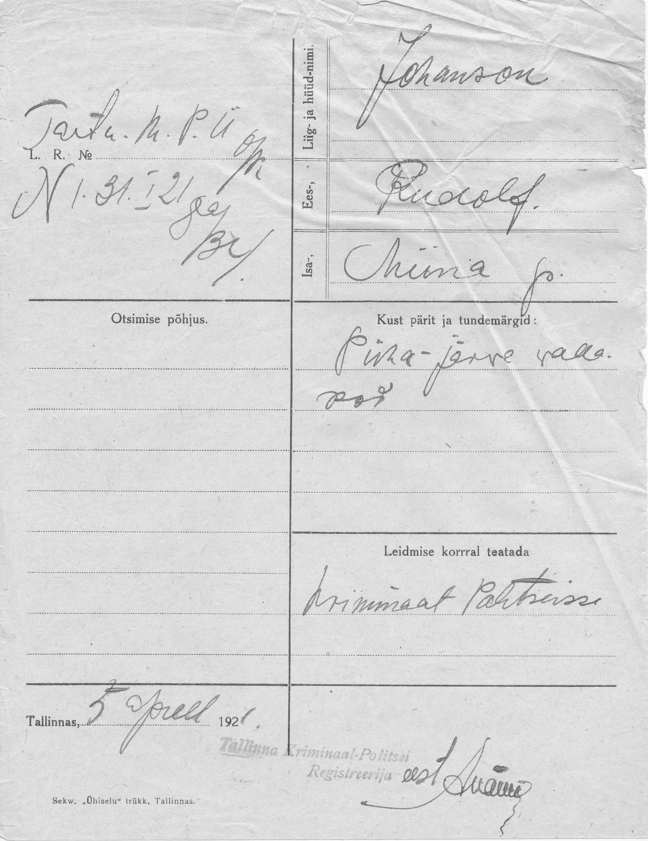 Johanson, Rudolf, Miina