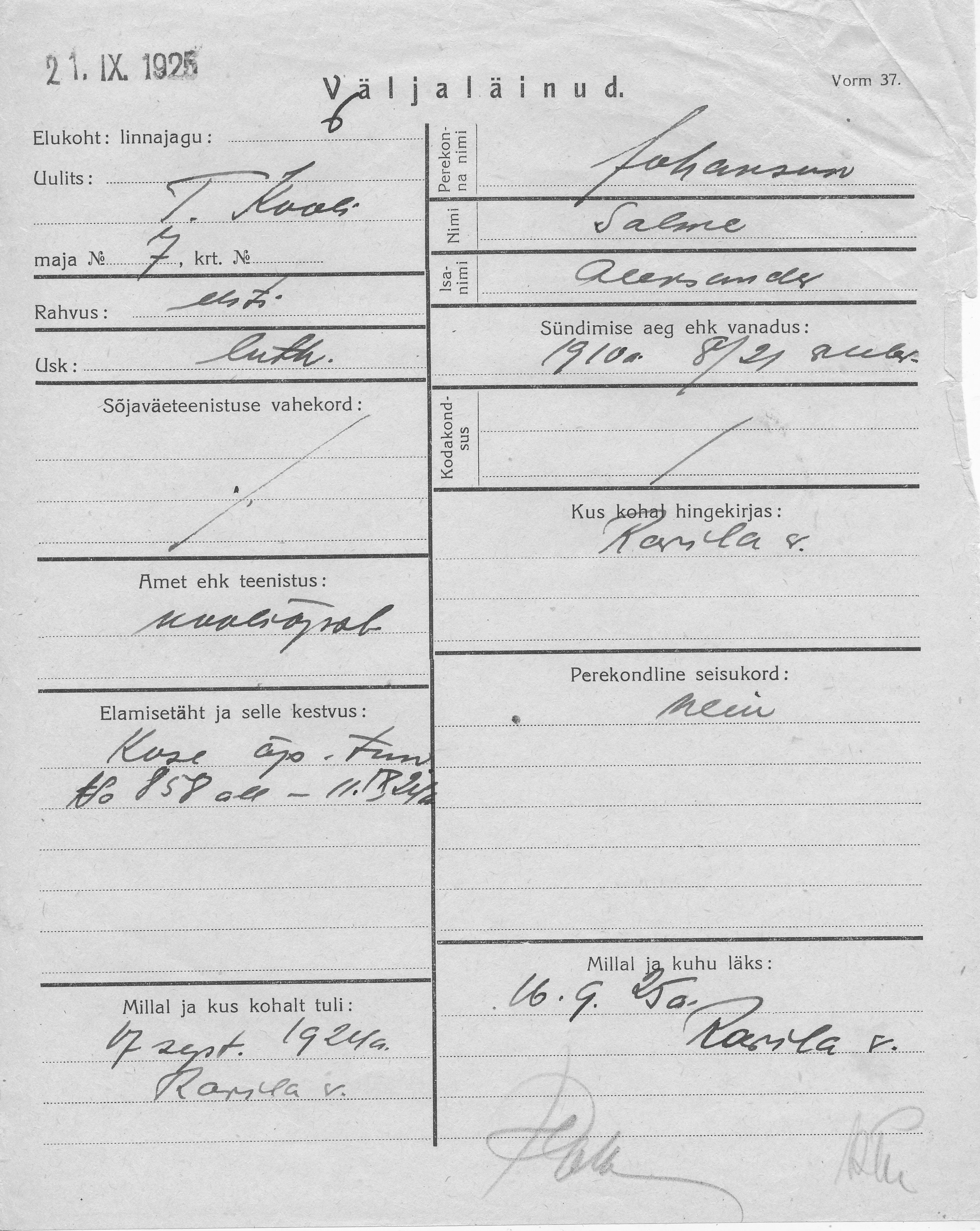 Johanson, Salme, Aleksander