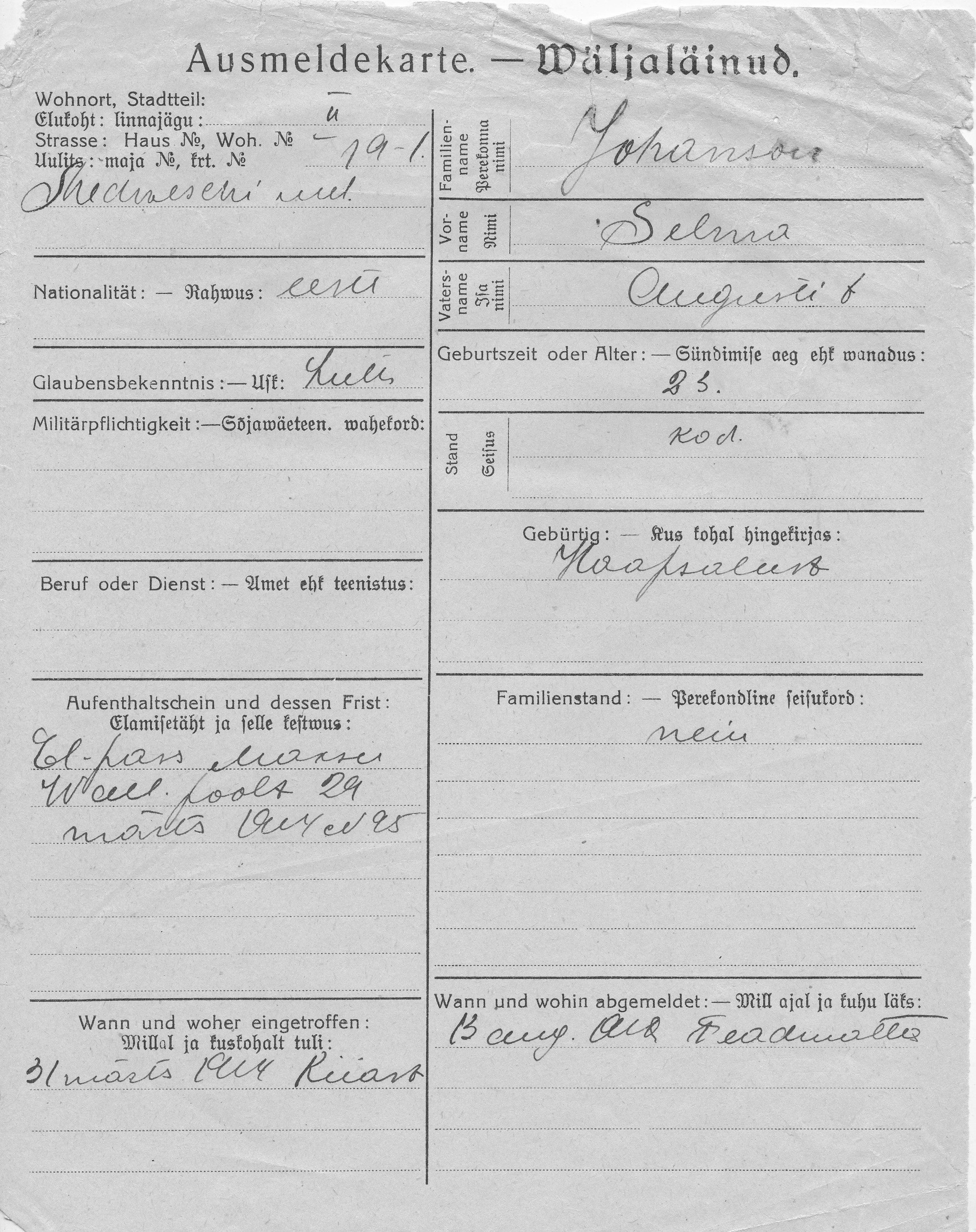 Johanson, Selma, August