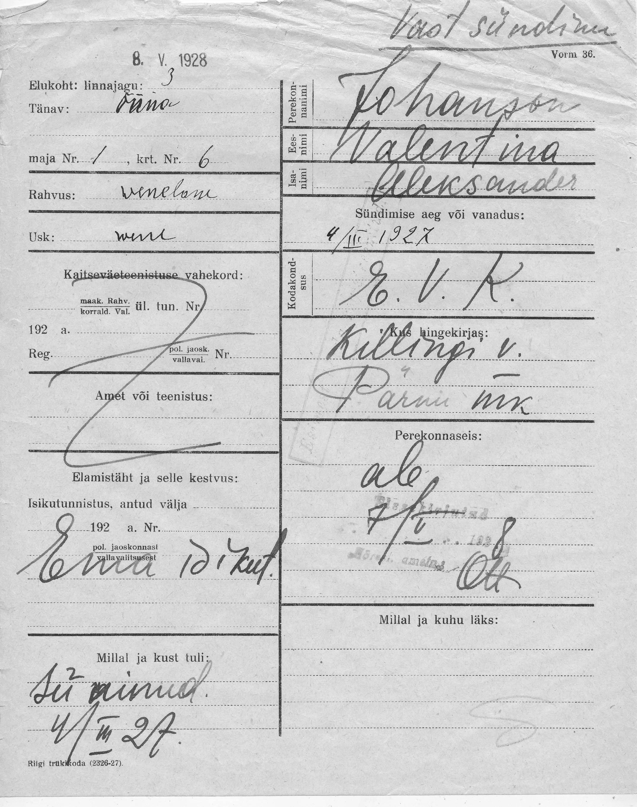 Johanson, Valentina, Aleksander