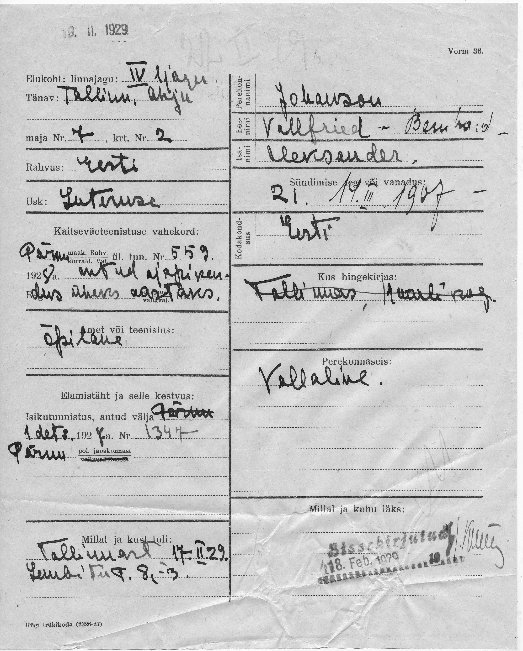 Johanson, Vallfried-Bernhard, Aleksander