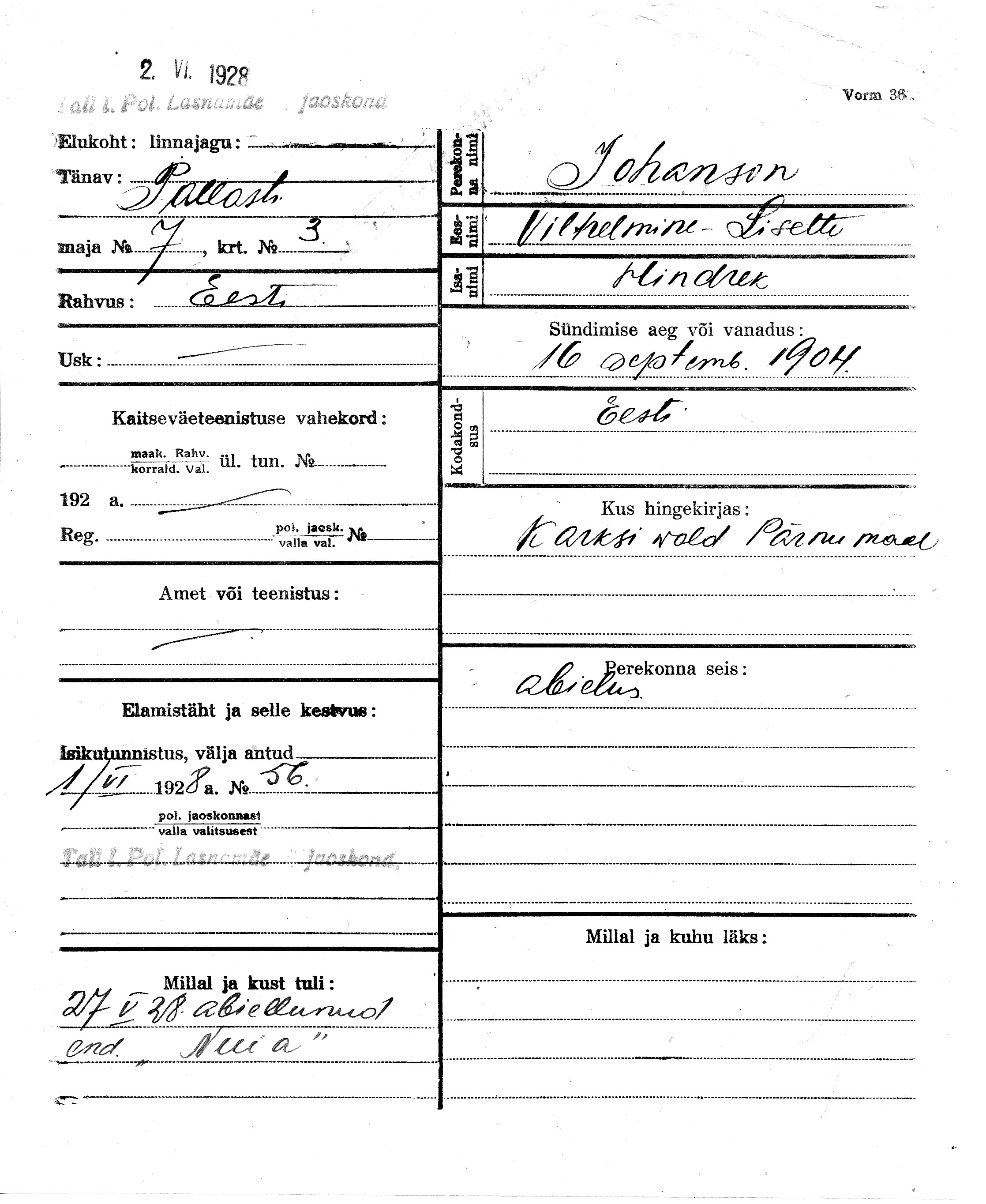 Johanson, Vilhelmine-Lisette, Hindrek