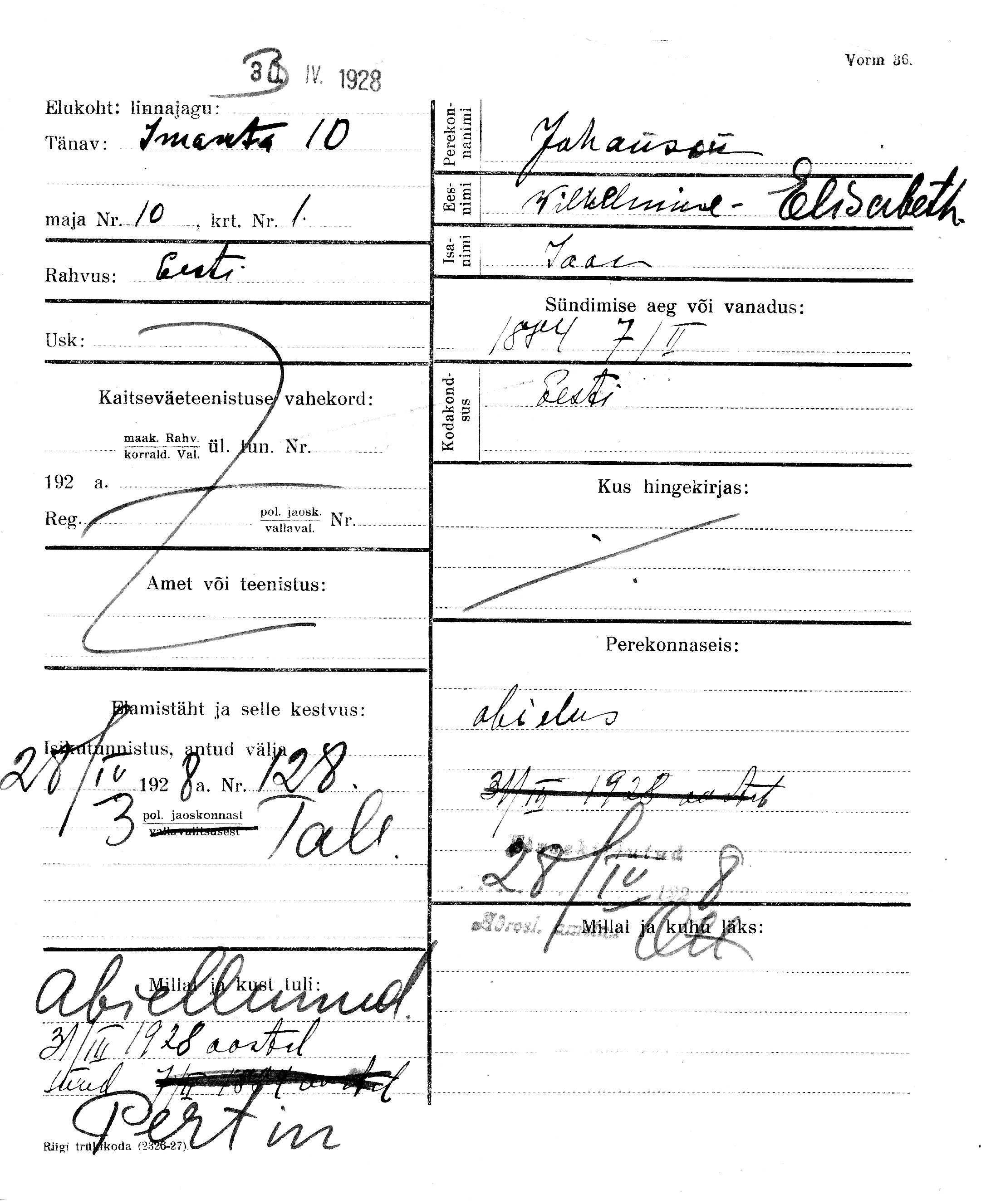 Johanson, Wilhelmine-Elisabeth, Jaan