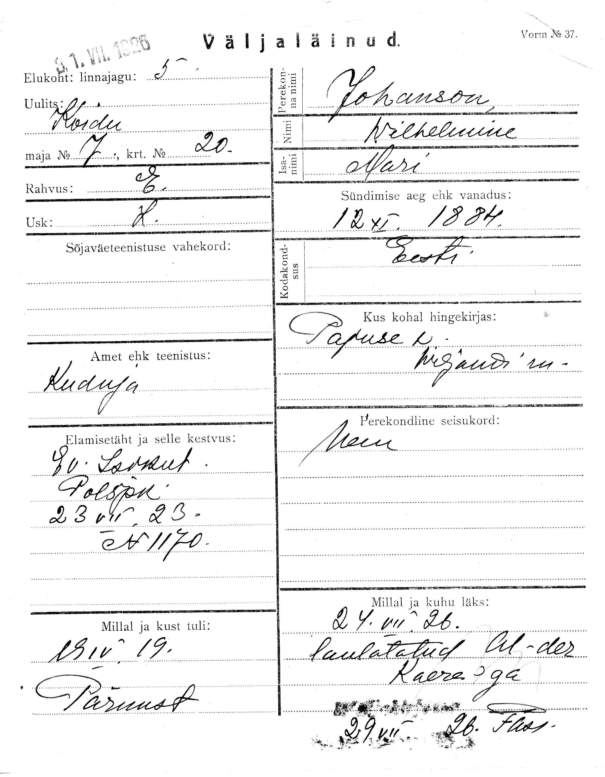 Johanson, Wilhelmine, Mari