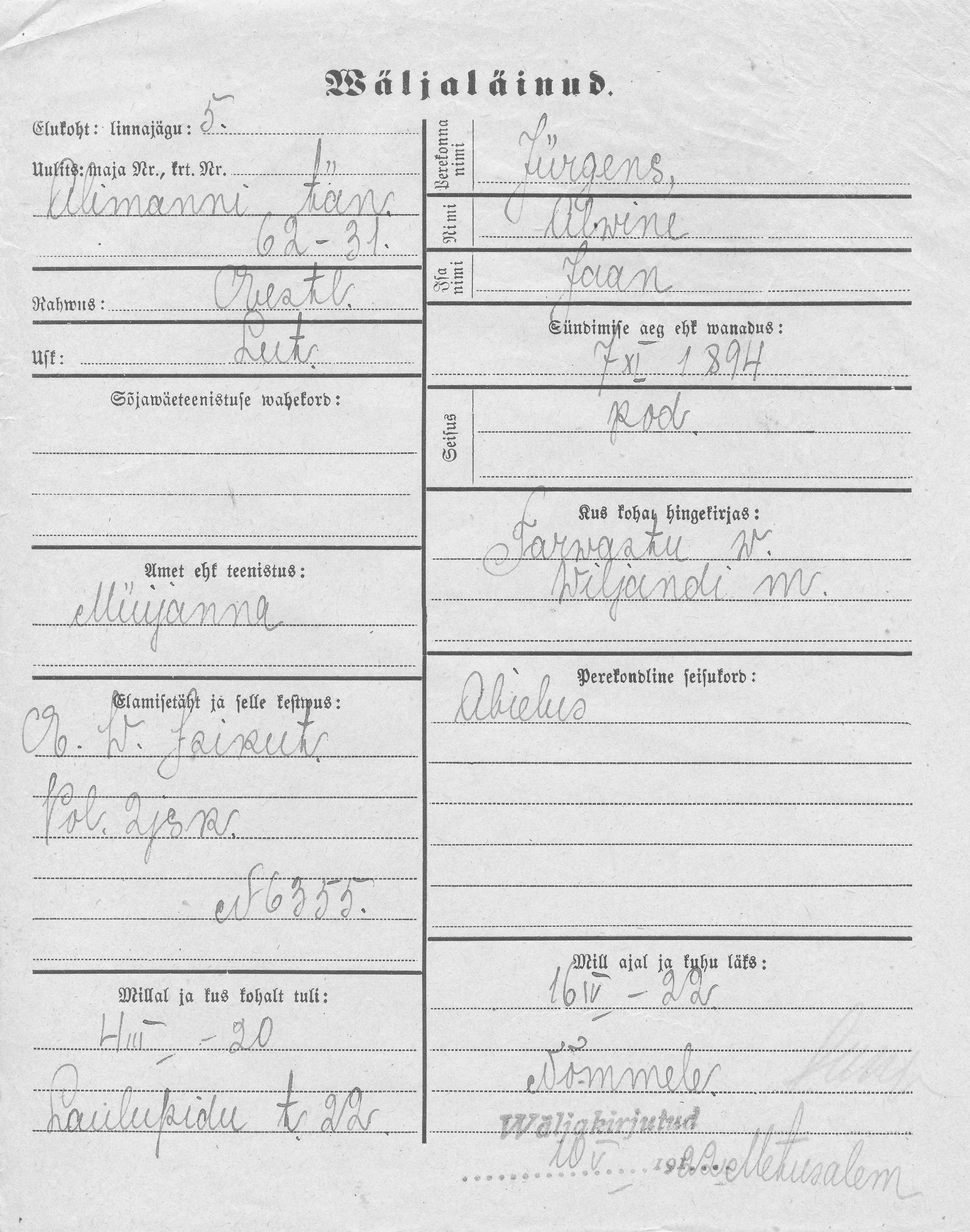 Jürgens, Alwine, Jaan