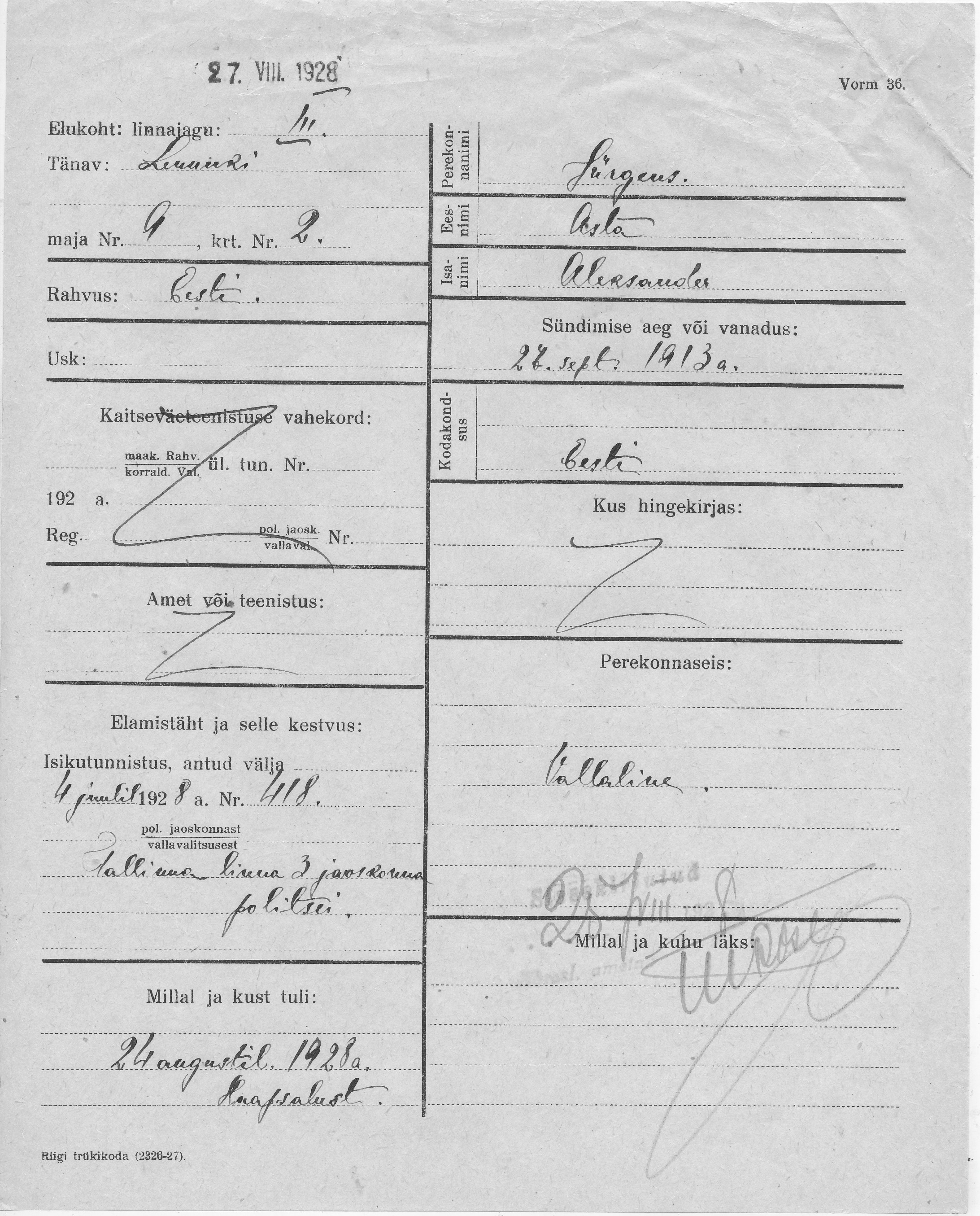 Jürgens, Asta, Aleksander