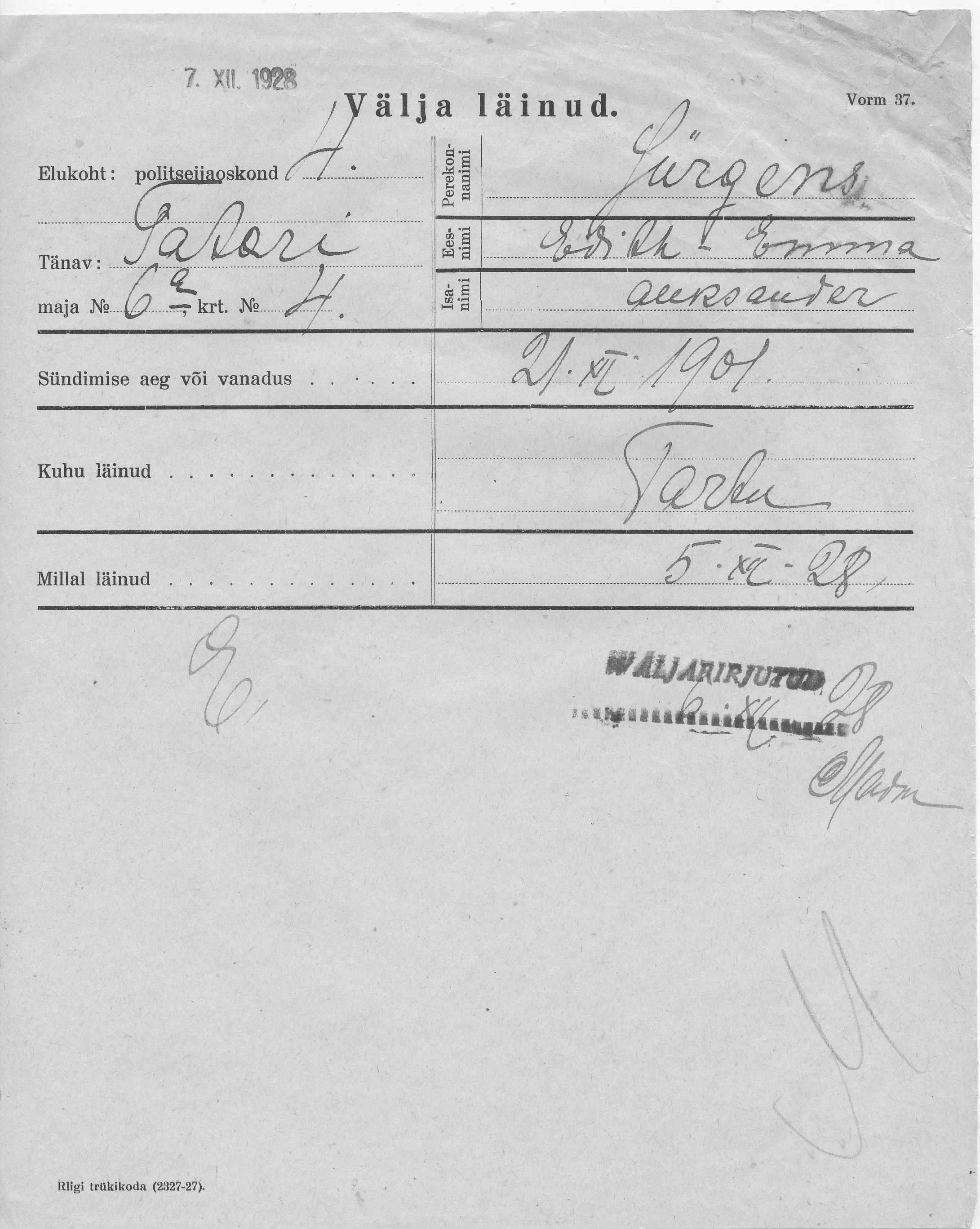 Jürgens, Edith-Emma, Aleksander