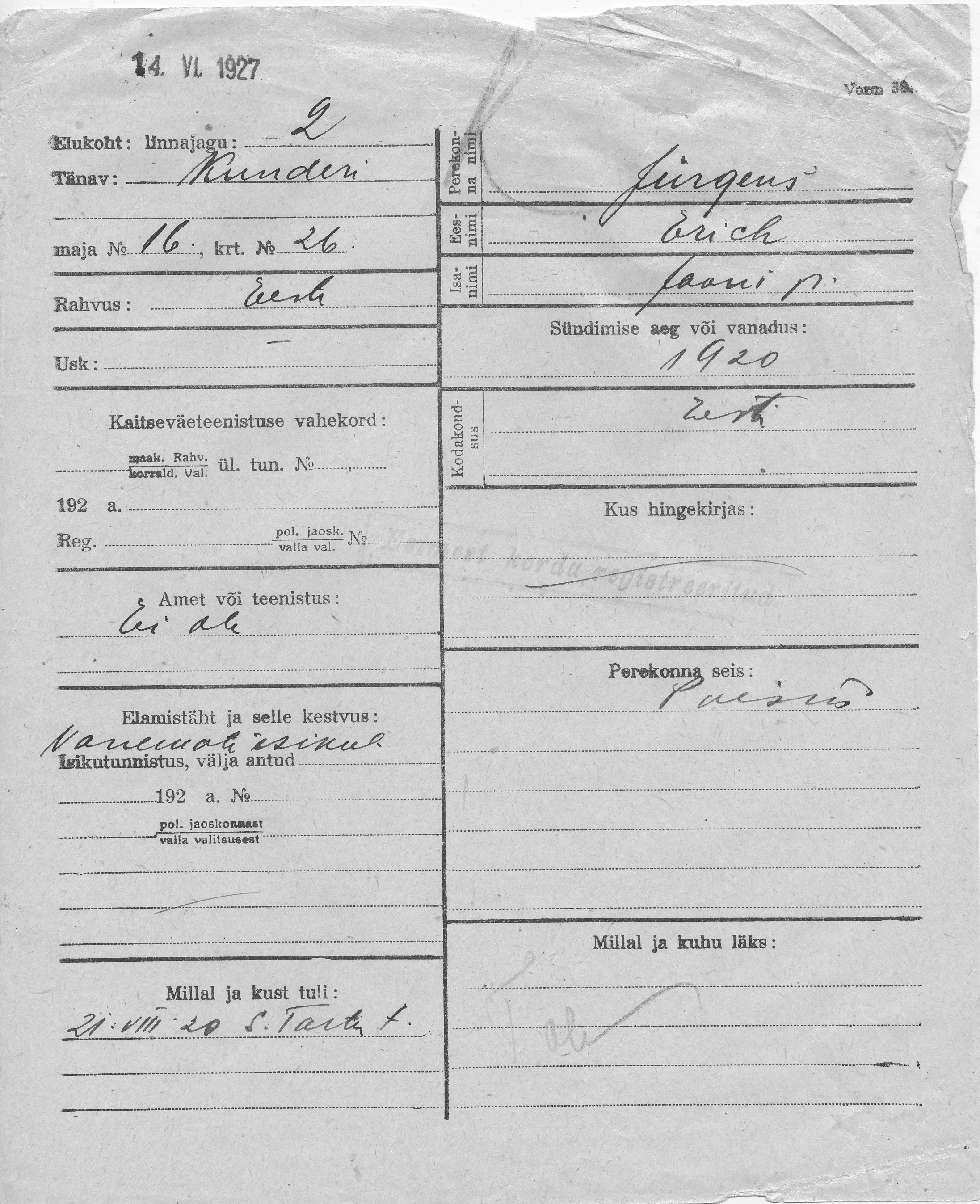 Jürgens, Erich, Jaan